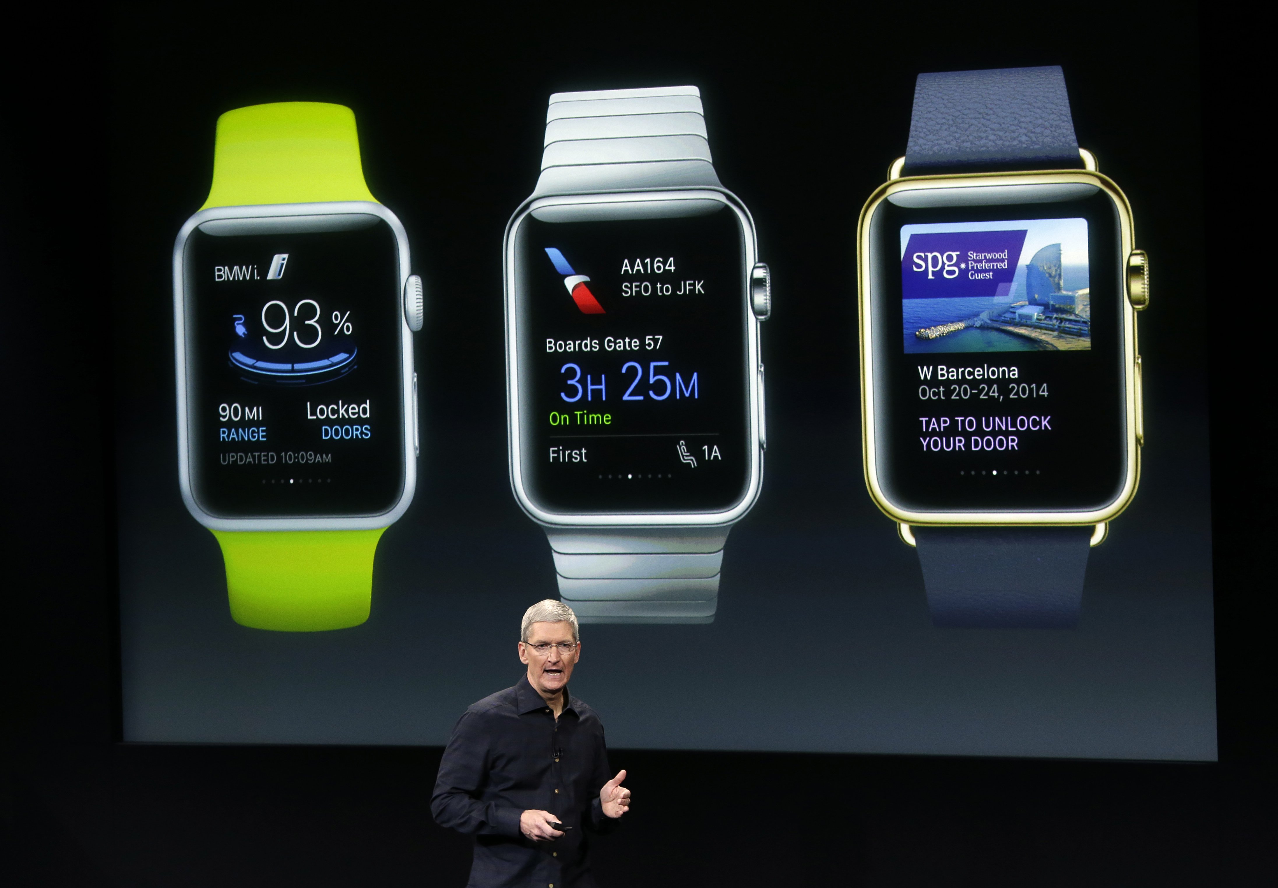 Apple CEO Tim Cook discusses the new Apple Watch during an event at Apple headquarters on Thursday, Oct. 16, 2014 in Cupertino, Calif. (AP Photo/Marcio Jose Sanchez)