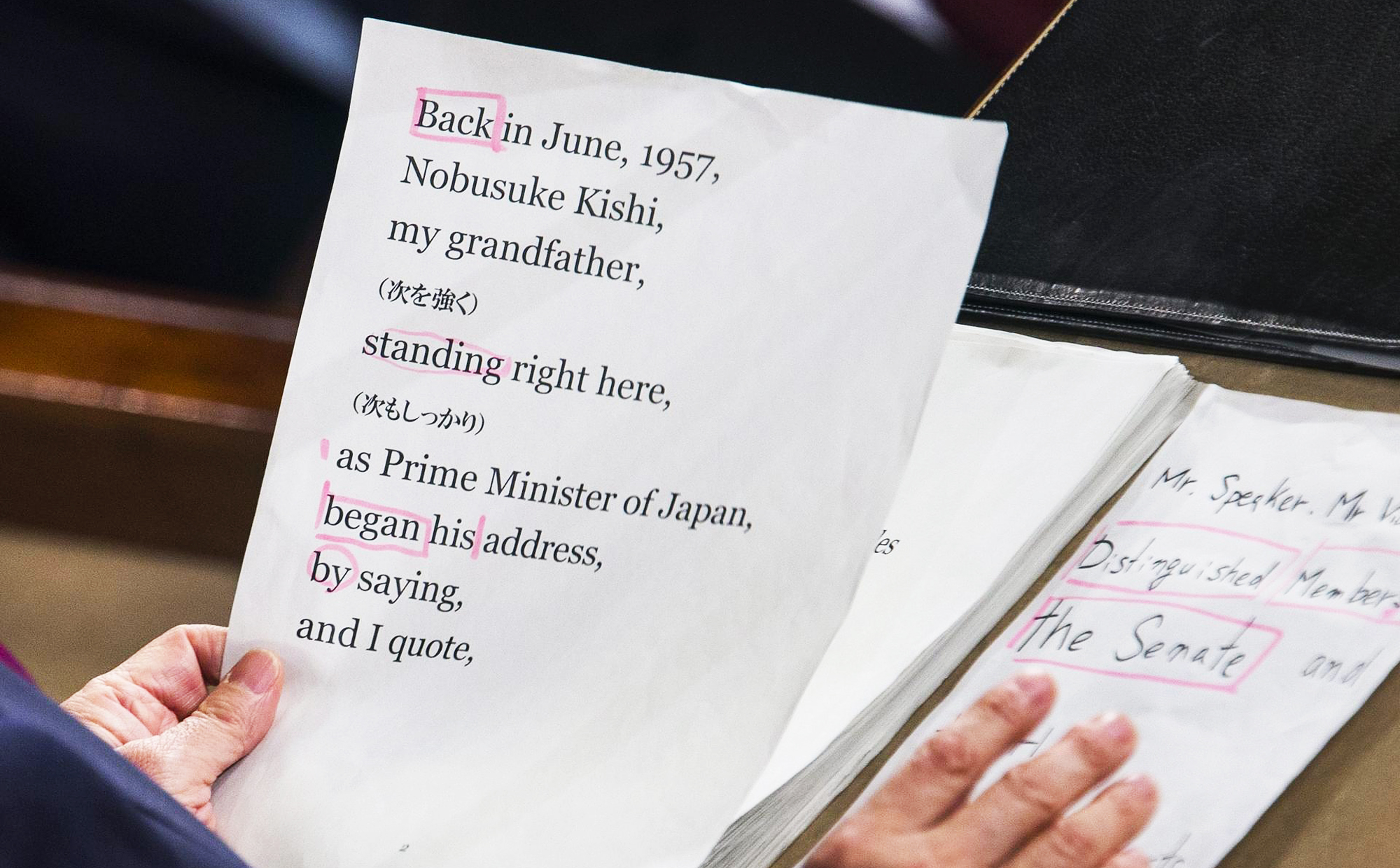 Japanese Prime Minister Shinzo Abe's notes for his speech to the US Congress in Washington. Photo: EPA