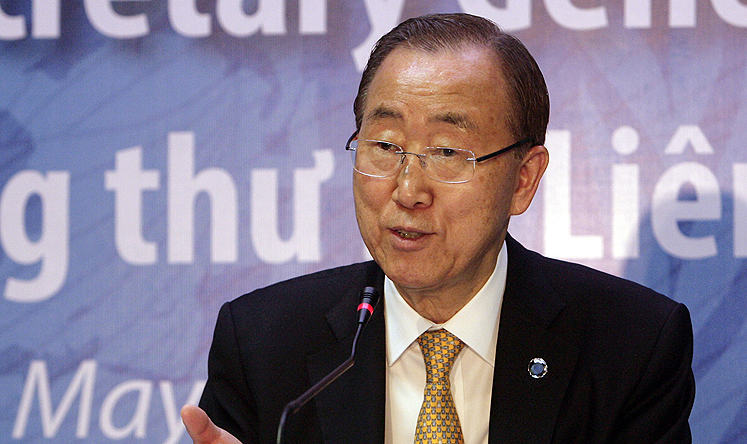U.N. Secretary-General Ban Ki-moon speaks to reporters in Hanoi, Vietnam on Saturday. Photo: AP 