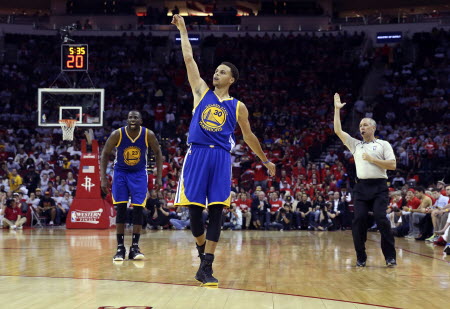 Golden State's Stephen Curry salutes the fans during the Warriors game three win over Houston Rockets in the Western Conference finals. Photo: USA TODAY Sports