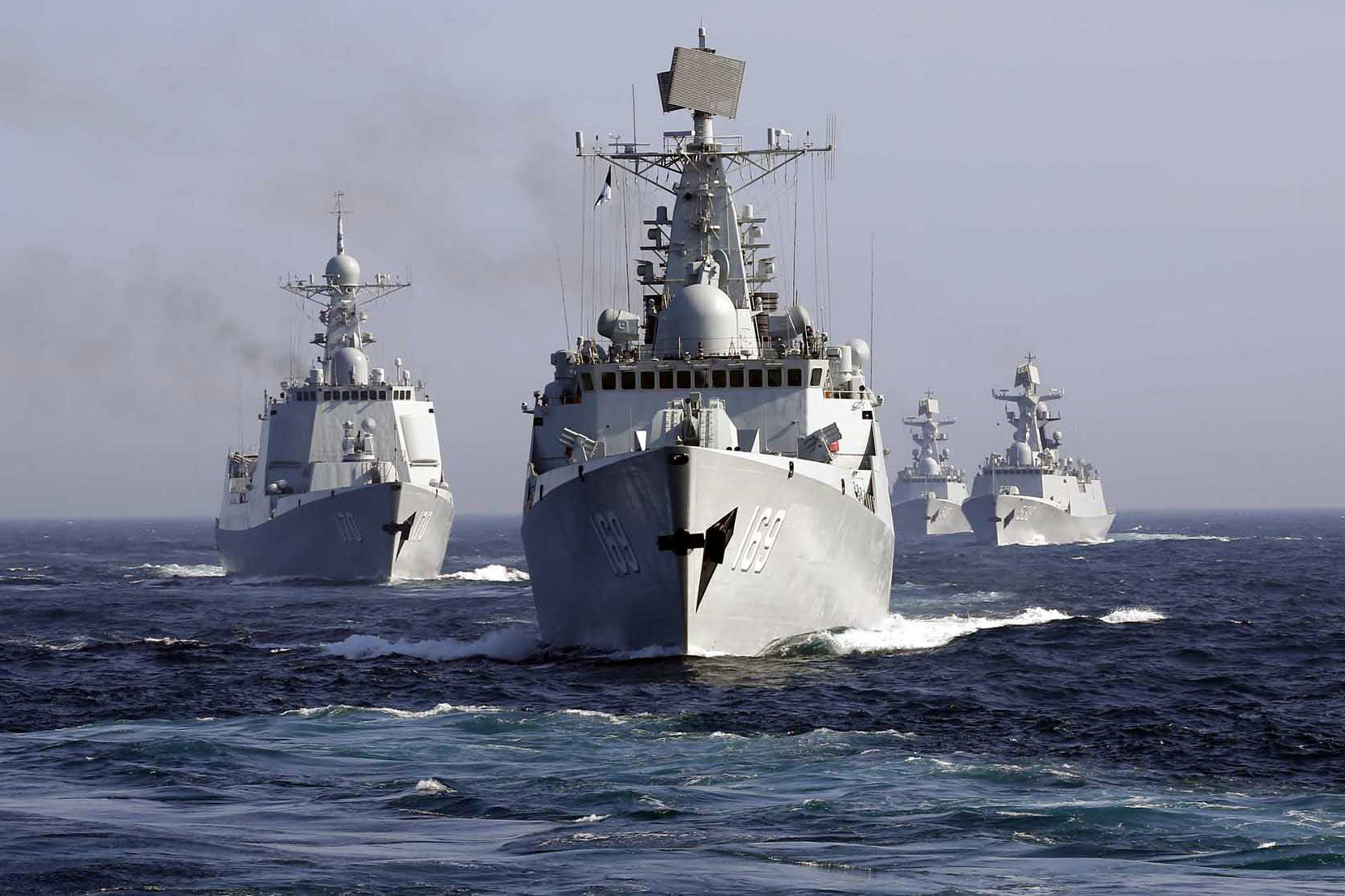 A fleet of Chinese ships heading to a military exercise. Photo: AP