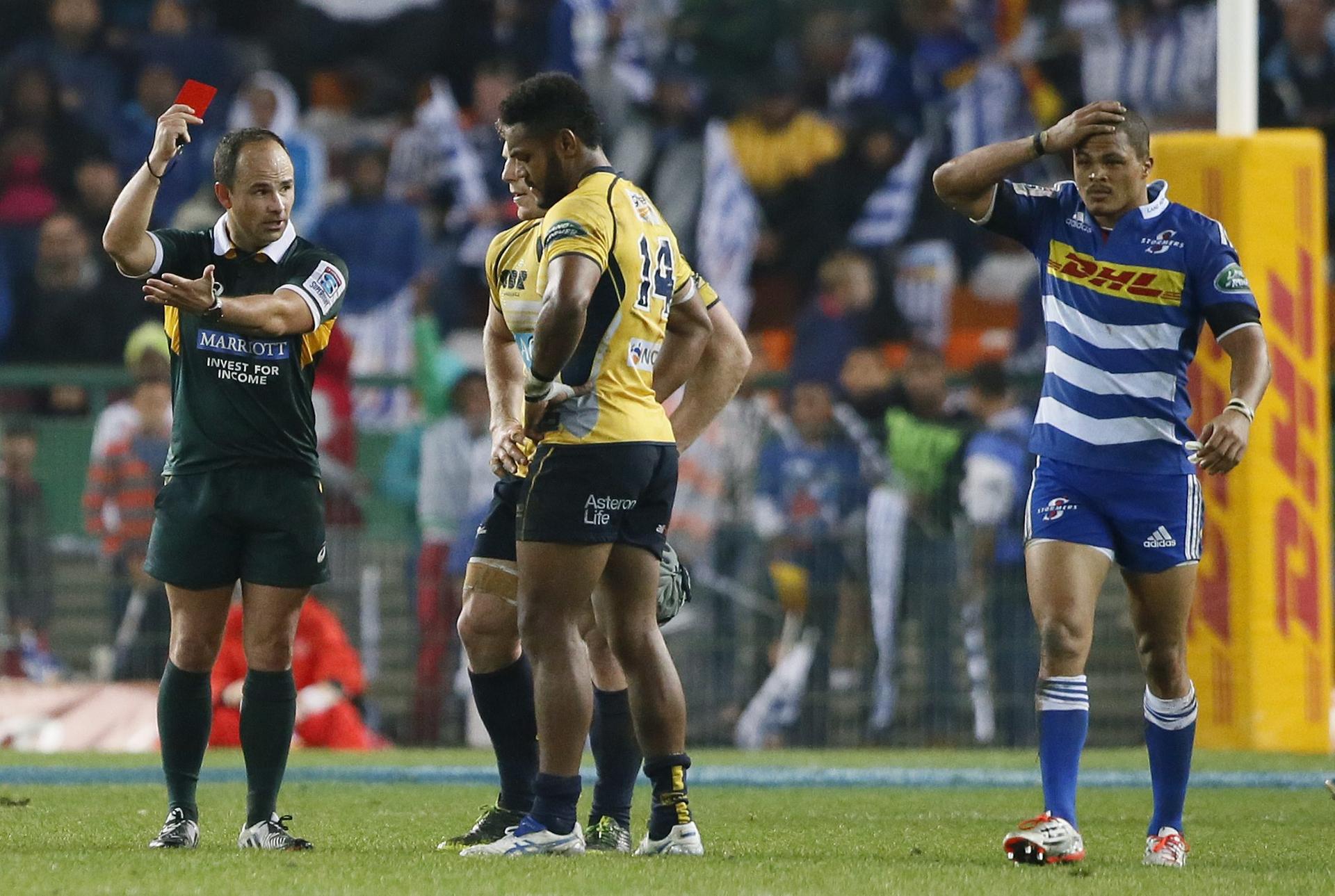 Brumbies winger Henry Speight gets his marching orders after lifting the Stormers' Juan de Jongh (right) head-first into the ground during their clash in Cape Town. Photo: EPA