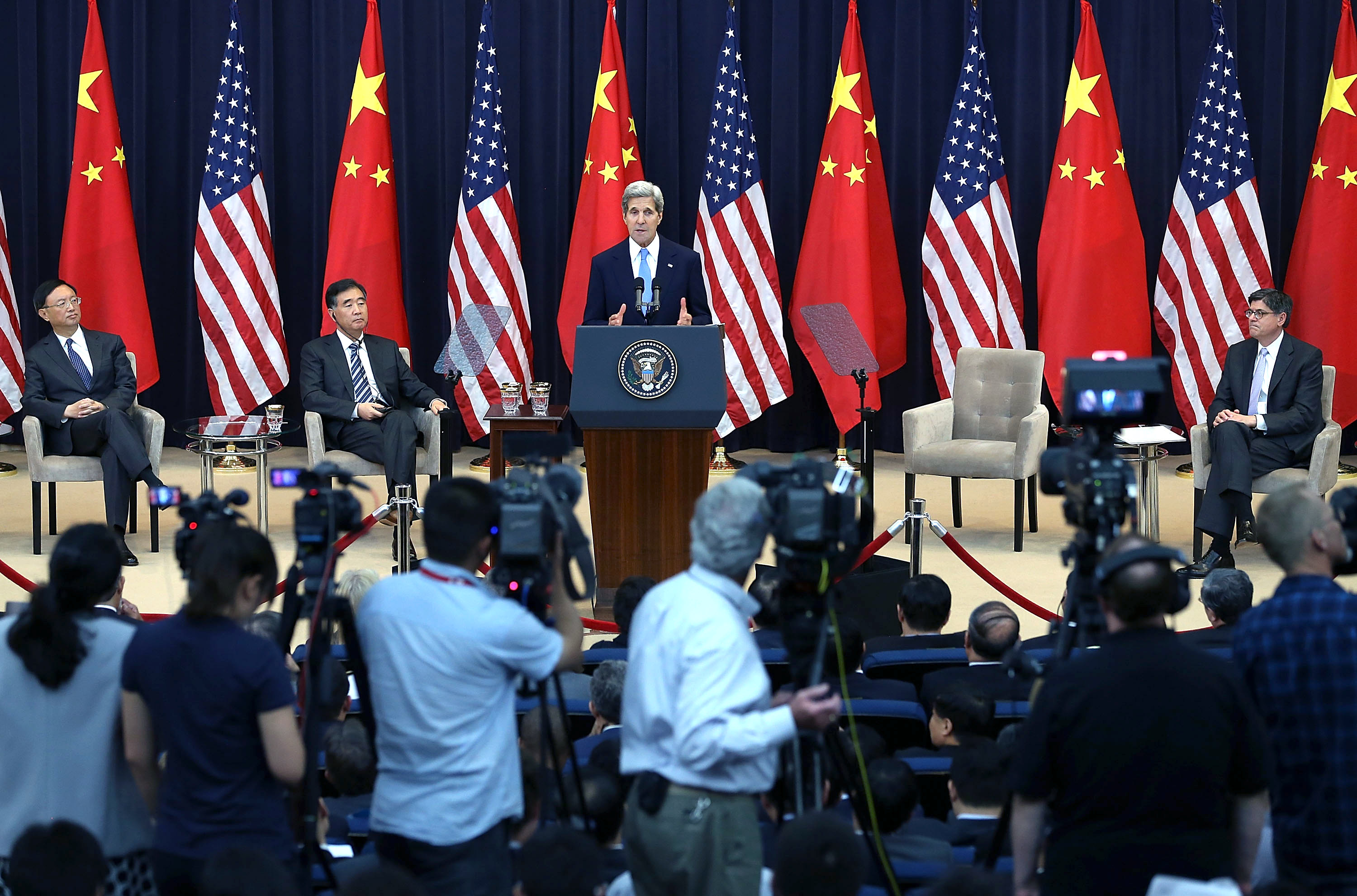 John Kerry with Yang Jiechi (left), Vice-Premier Wang Qishan and Jack Lew at last year''s bilateral dialogue. Photo: AFP