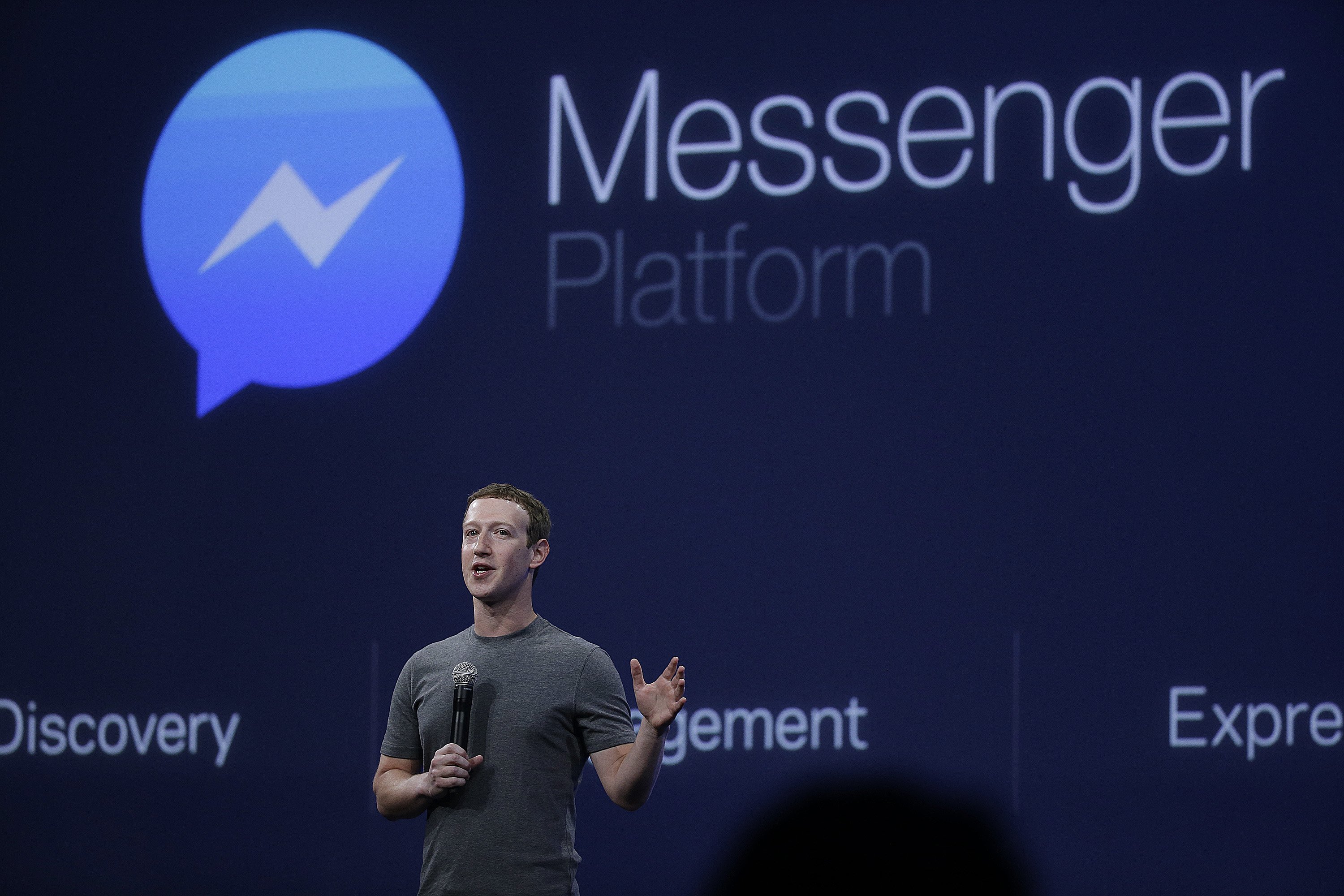 Facebook Chairman Mark Zuckerberg discussed the Messenger app at a conference in San Francisco in March. Photo: AP