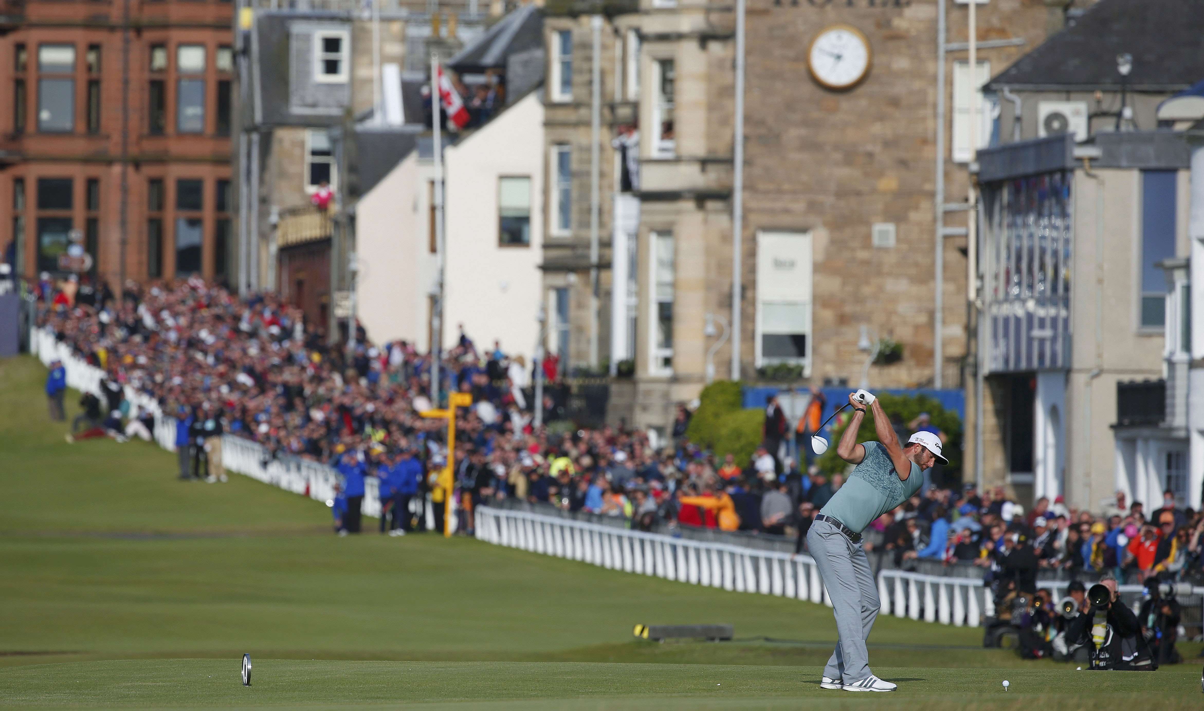 Dustin Johnson hits off the 18th tee during the second round of the British Open at St Andrews. Photo: Reuters