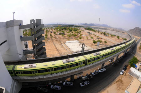 This light rail train in Mecca is part of a transport system built by China. Tens of thousands of Muslim pilgrims use the system during the annual Hajj. Photo: AFP
