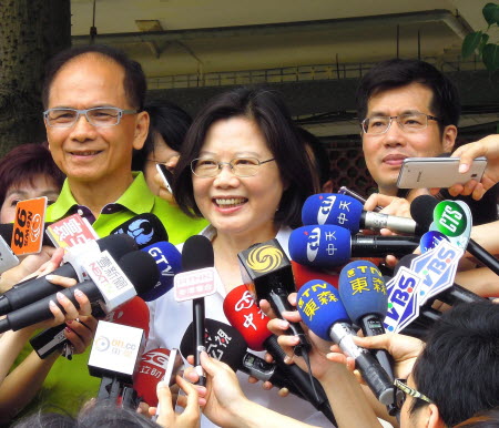 Tsai Ing-wen (centre) is the prohibitive favourite to be elected Taiwan's president on January 16. Photo: EPA