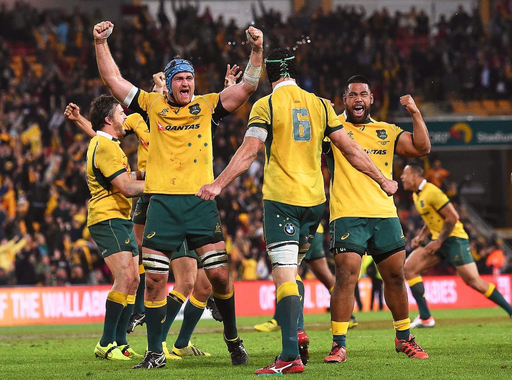 James Horwill leads the Australian celebrations following their last-gasp win over South Africa last Saturday. The Wallabies hope to continue the momentum against Argentina this weekend. photo: EPA