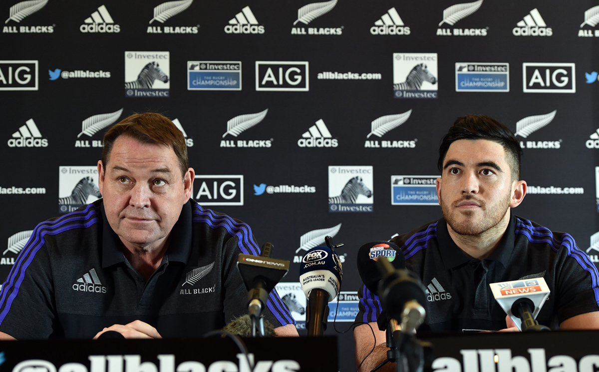 Coach Steve Hansen (left) and wing Nehe Milner-Skudder attend a Sydney press conference on Thursday announcing the Hurricanes standout's inclusion in the All Blacks line-up for Saturday's Rugby Championship match against Australia. Photos: AFP