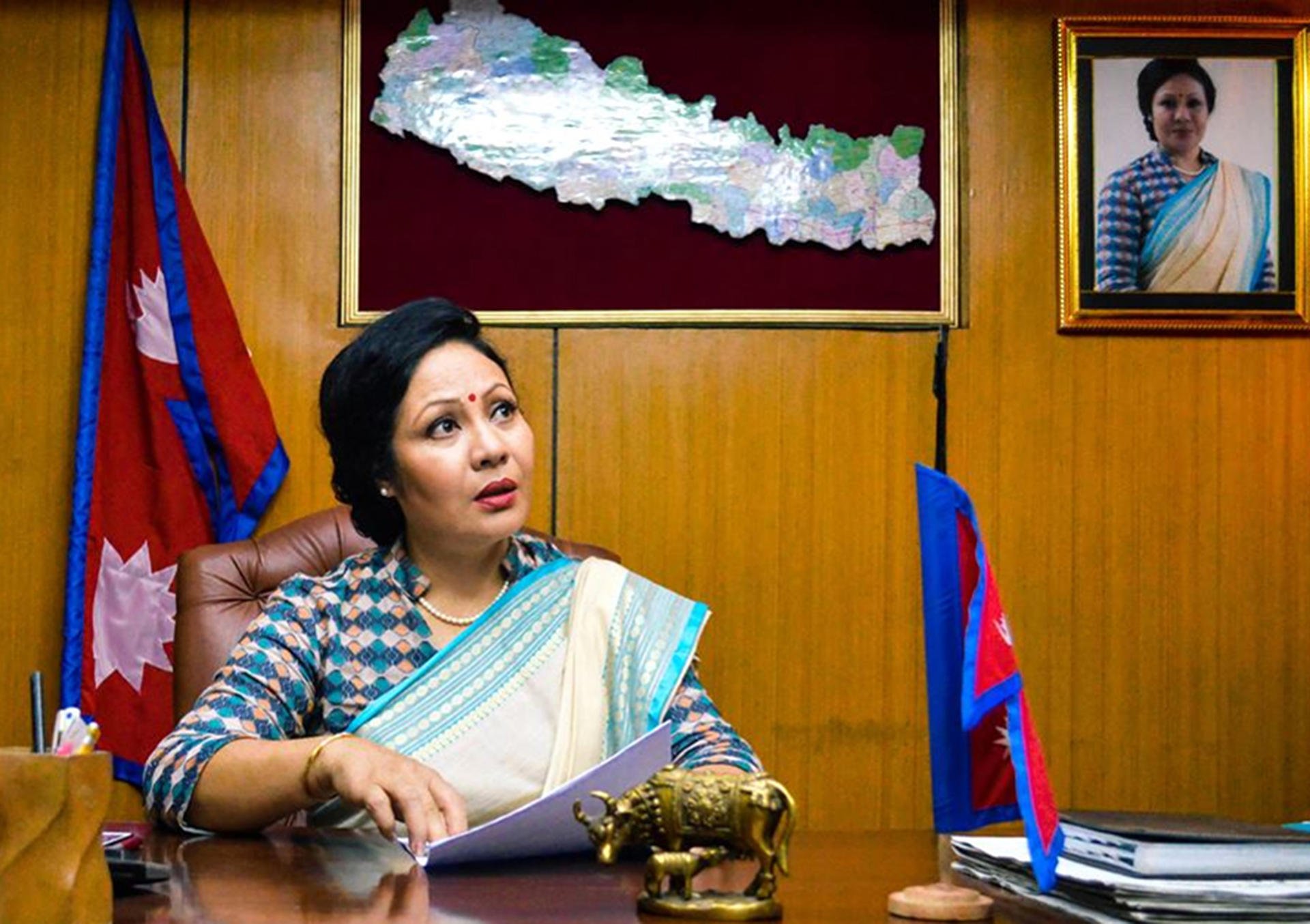 Nepali actress Gauri Malla plays Nepal's first woman prime minister in the television seriesSingha Durbar. Photo: Nimesh Puri/Search For Common Ground Nepal
