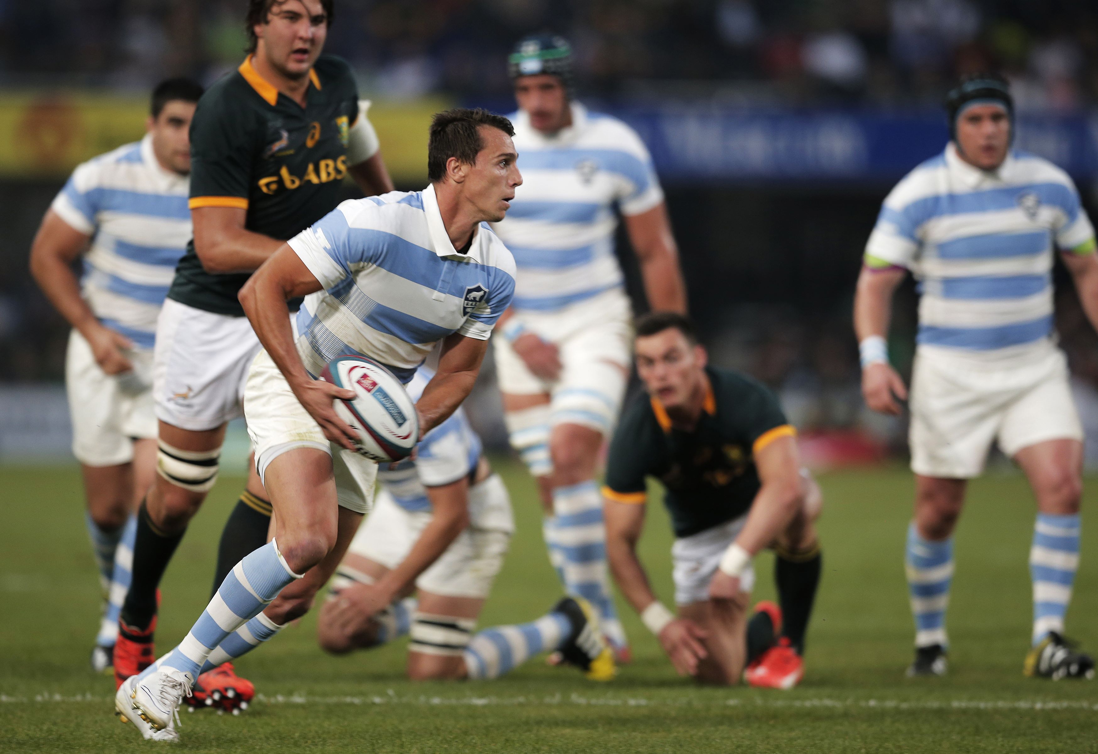 Argentina fullback Juan Imhoff clears the ball during the Rugby Championship match against South Africa in Durban. Imhoff grabbed a hat-trick of tries in Argentina's 37-25 bonus-point win. Photo: AFP