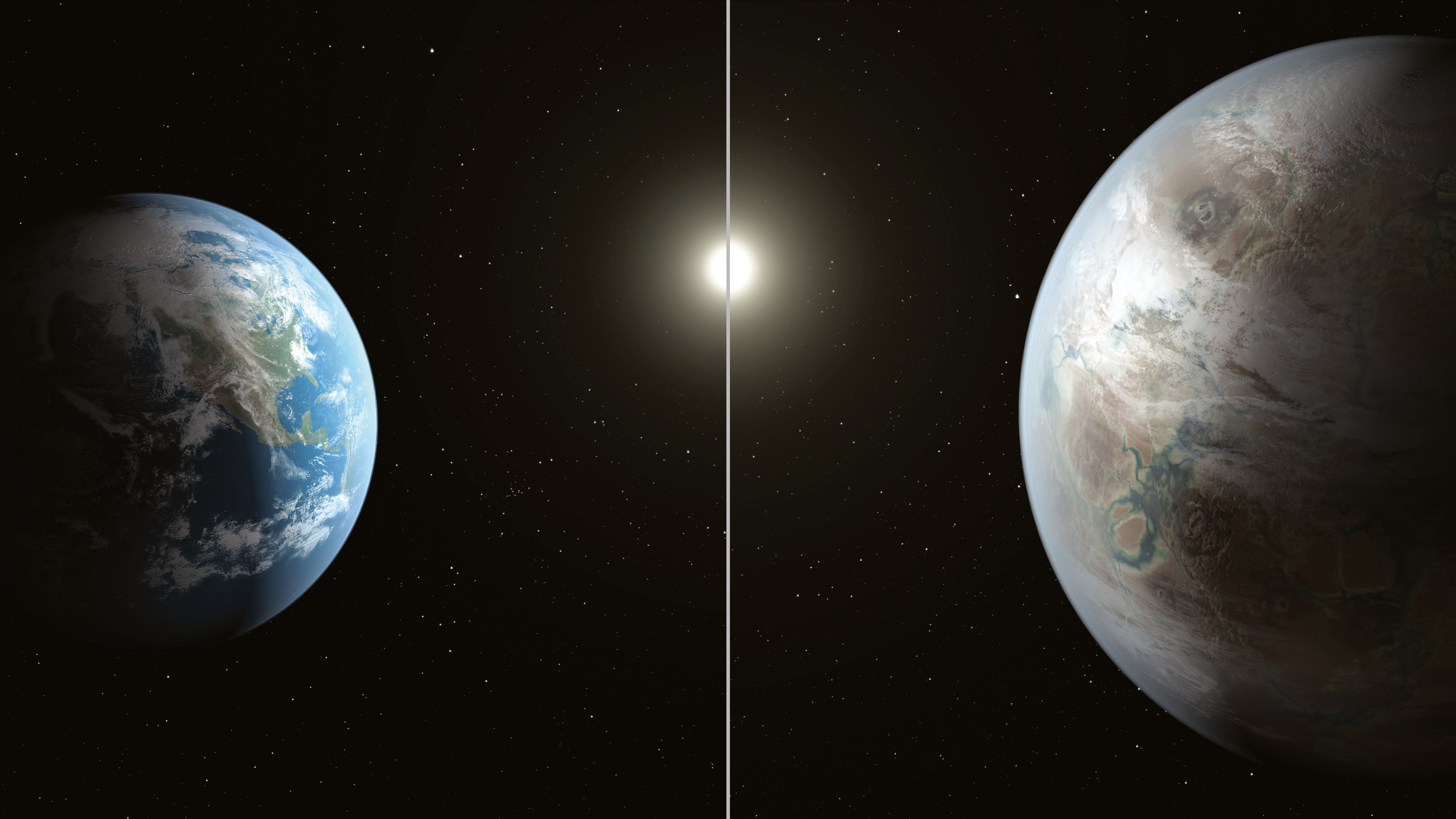 An artist's impression compares earth (left) to a planet newly discovered just outside our solar system. Photo: Nasa