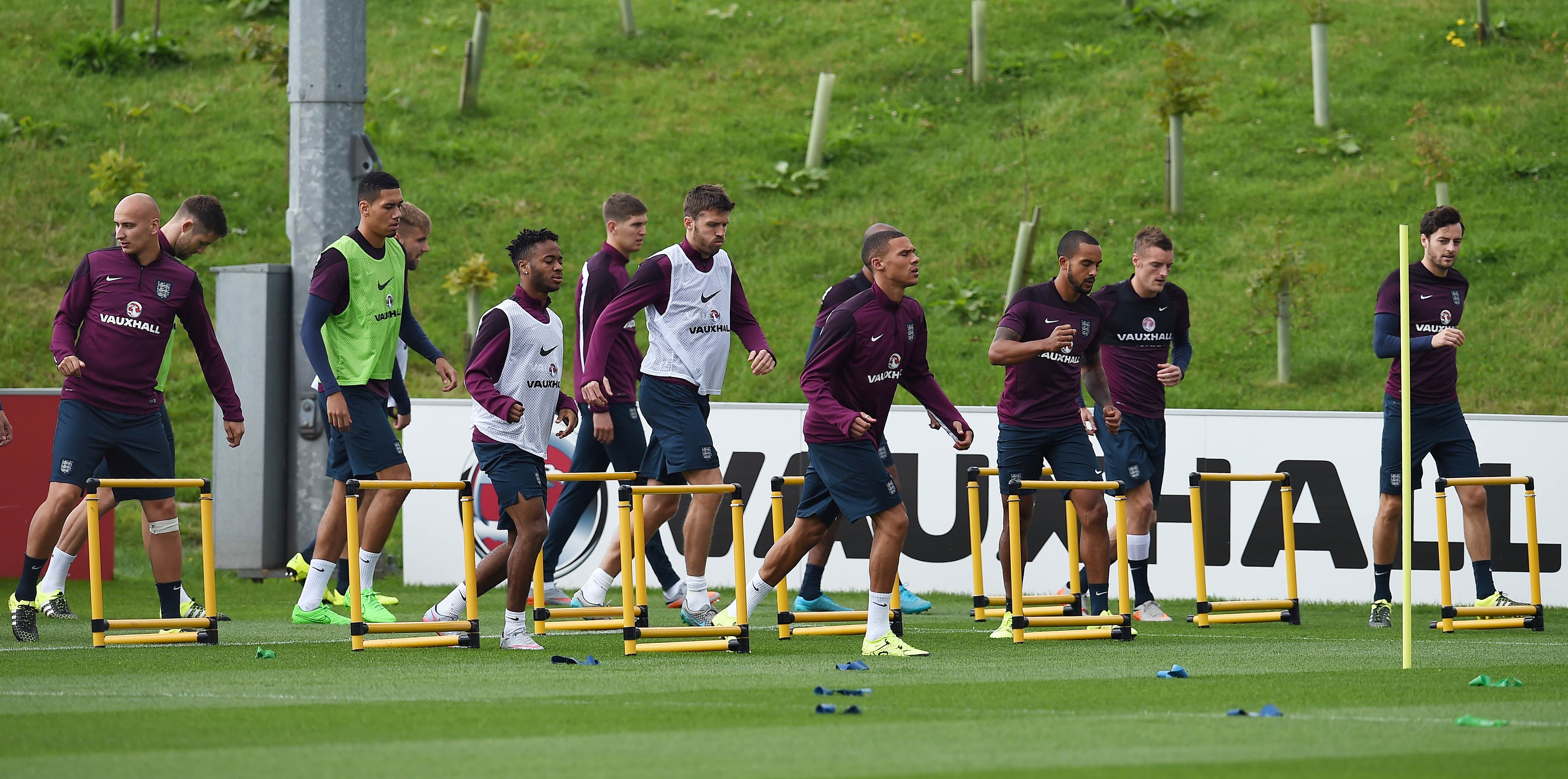 England players take part in a team training session ahead of their game against group E rivals San Marino in Serravalle. Photo:  AFP