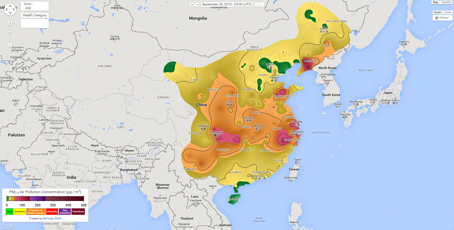 A map of pollution levels across China, as of September 3, 2015. Photo: SCMP Pictures