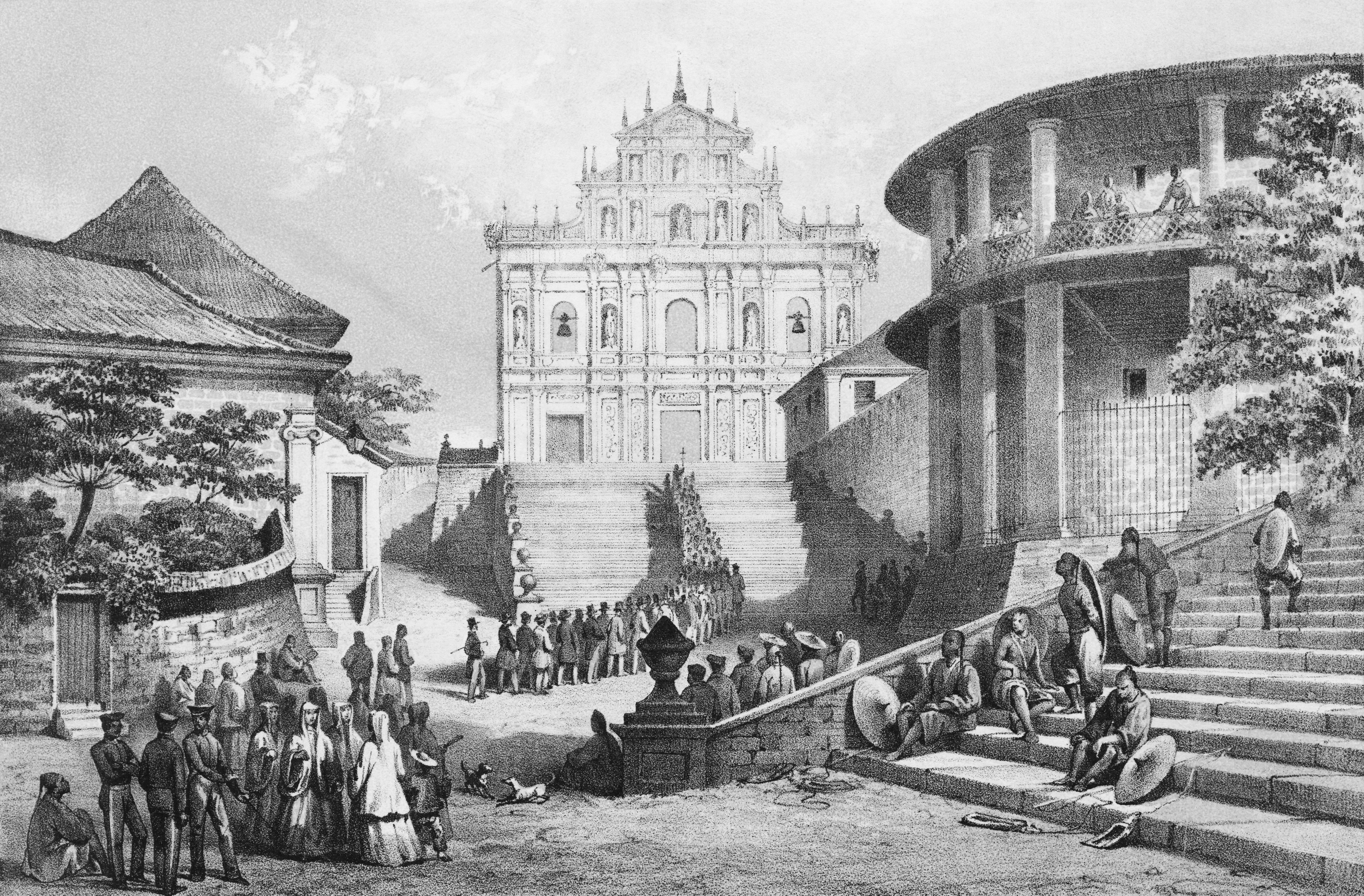 A 19th-century engraving showing worship at a Jesuit institution in Macau. Hart's novel looks at the interaction between the order and the emperor in the 1700s.