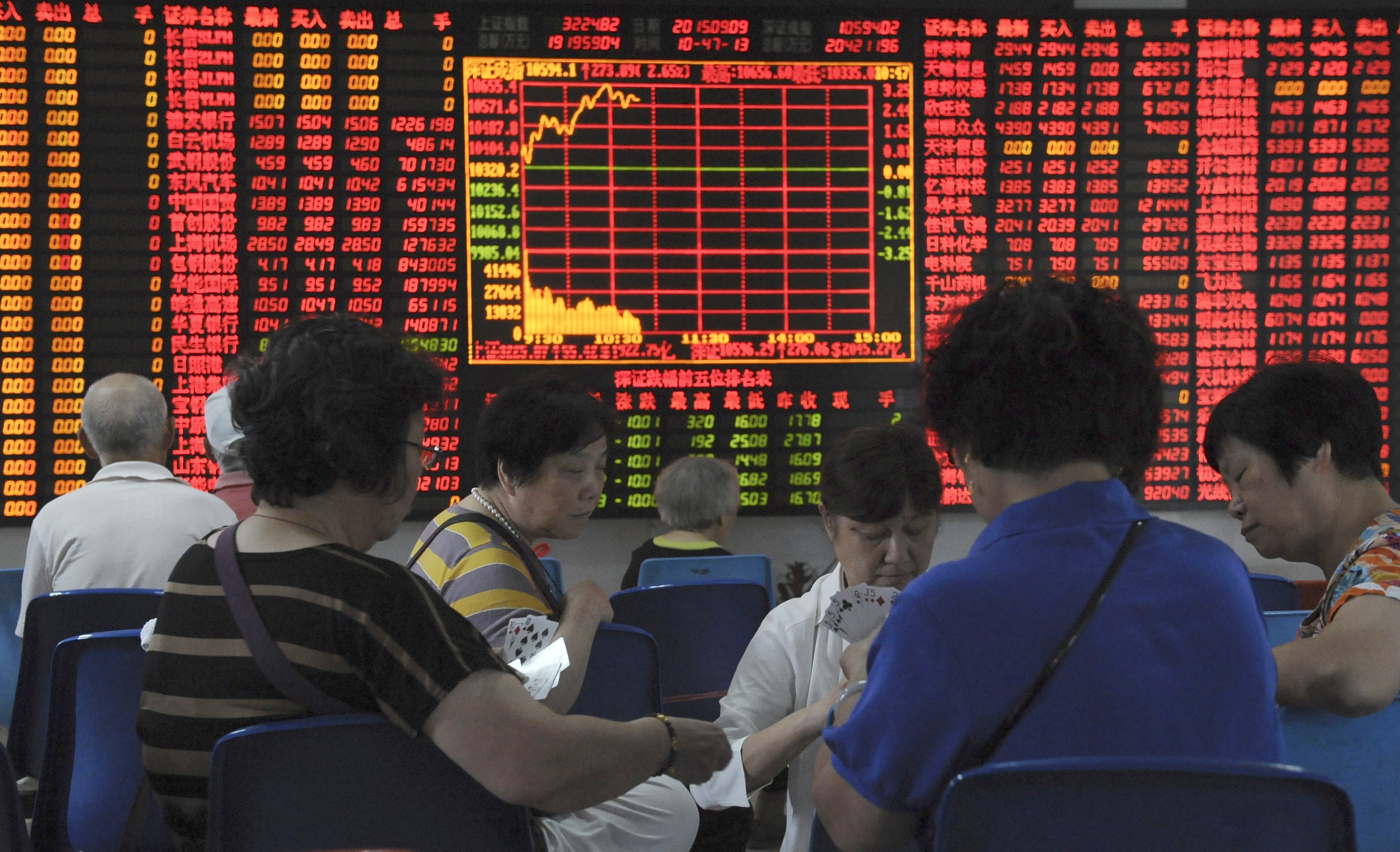 Investors play cards in front of an electronic board showing stock information at a brokerage house in Shanghai, China. Photo: Reuters