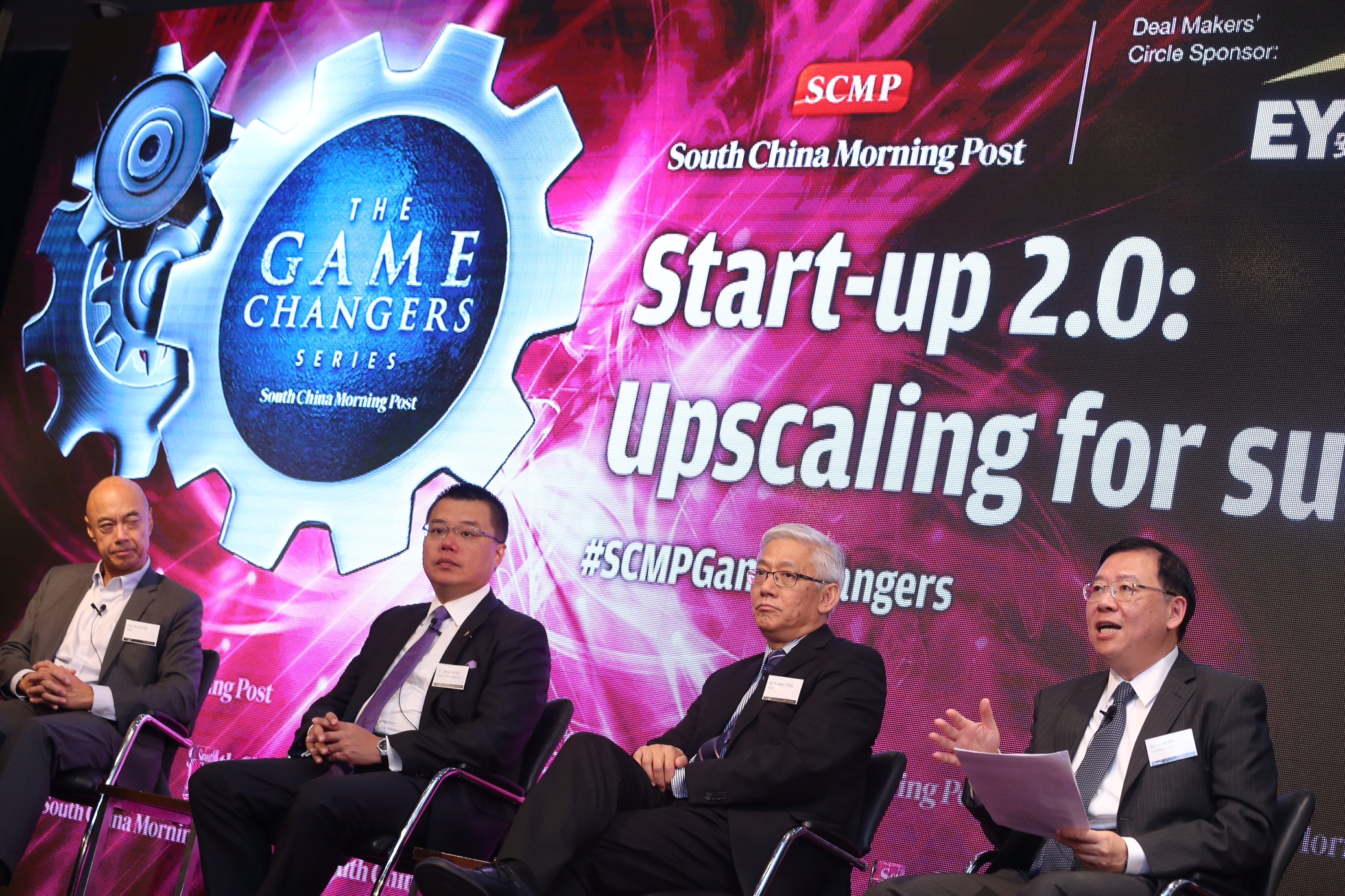 Speaking at the SCMP Game Changers forum, panelists Wu Po-chi of HKUST, Witman Hung of the Hong Kong Shenzhen Qianhai Authority, ASTRI's Franklin Tong, and Simon Wong of the LSCM R&D Centre discuss smart cities. Photo: Cheng Kok-yin