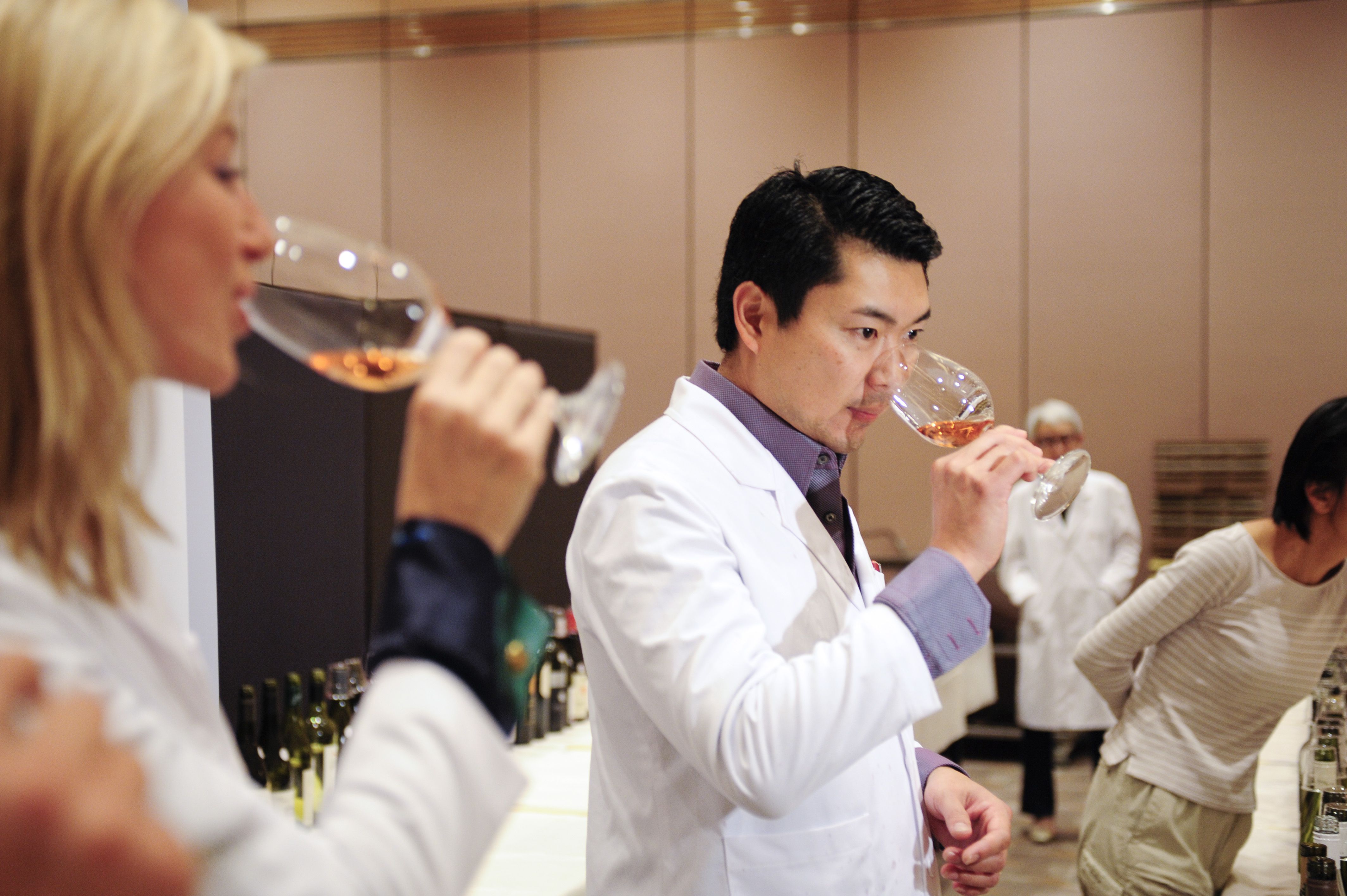 Debra Meiburg and Simon Tam tasting at the 2009 Cathay Pacific International Wine and Spirit Competition in Hong Kong. 