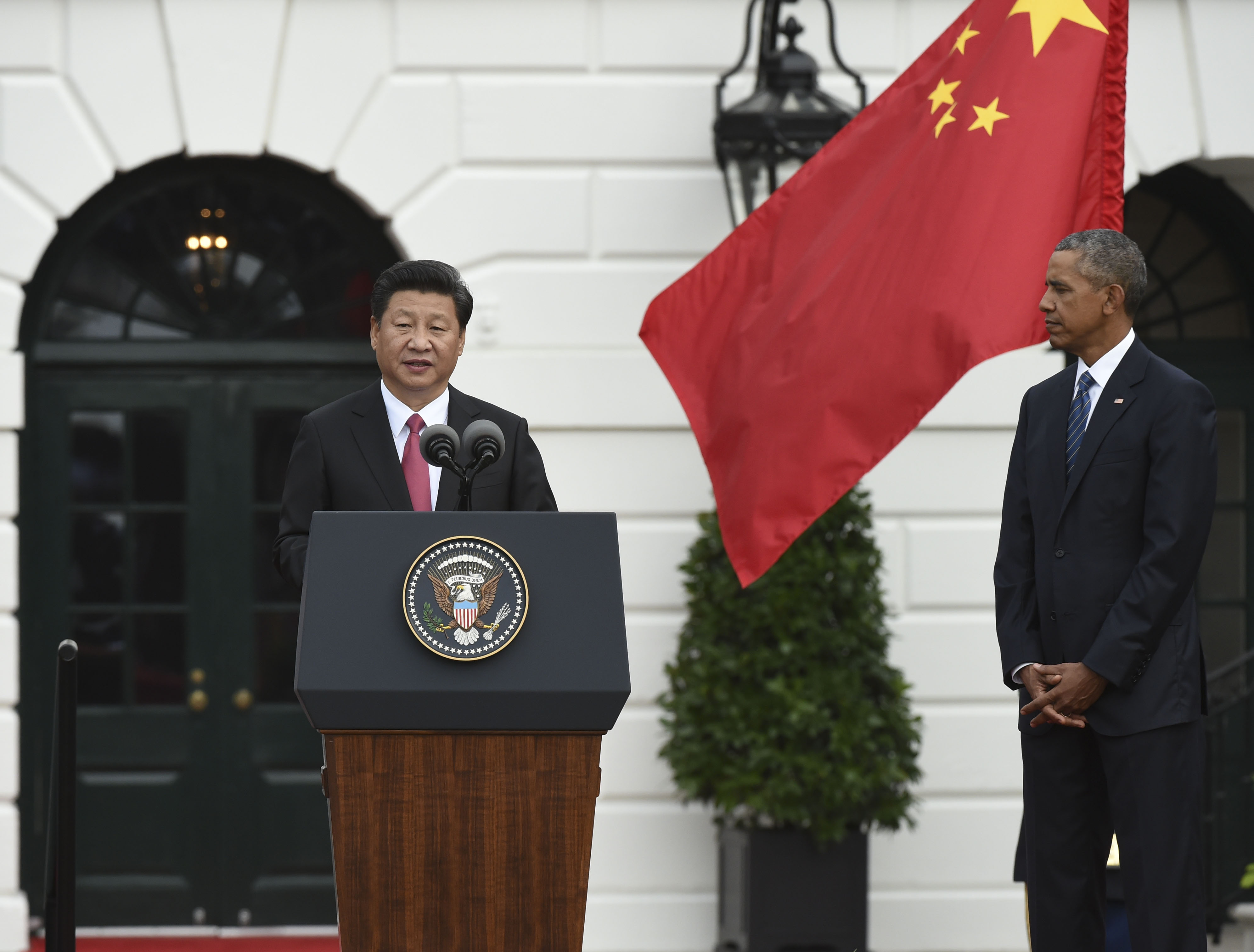 Chinese President Xi Jinping addresses a welcome ceremony held by US President Barack Obama at the South Lawn of the White House in Washington D.C. on Friday. Photo: Xinhua