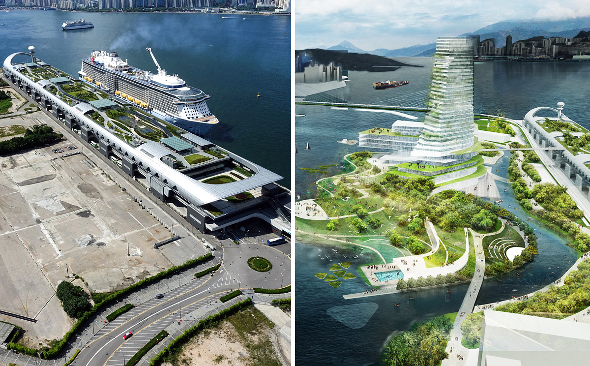 The Kai Tak Cruise Terminal (left) and the winning design for the tourism hub. Photos: SCMP Pictures