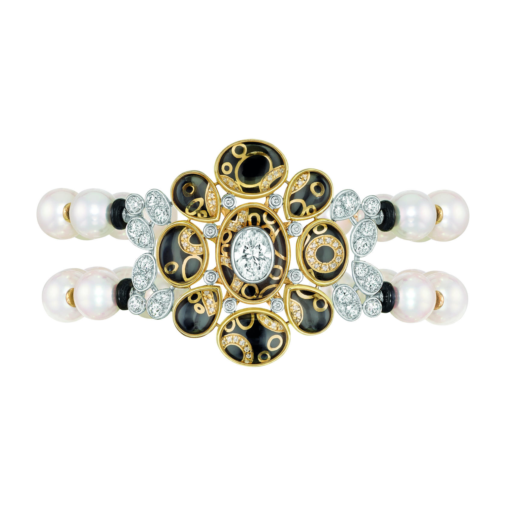 ChanelDress up your look and be mysteriously sexy with the 18ct white and yellow gold bracelet set with diamonds, cultured pearls, rock crystal cabochons and black lacquer. Price on request