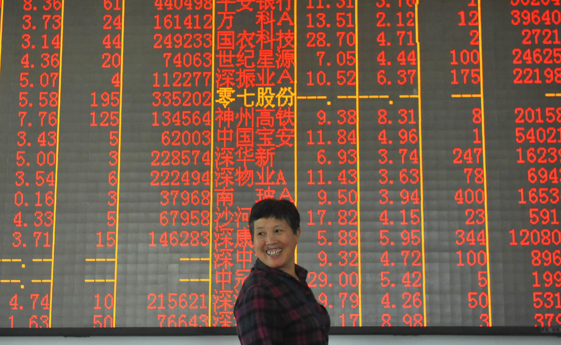 A mainland investor shows her joy as the share market continues its rise after the National Day holiday. Photo: ImagineChina