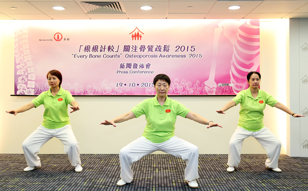 Tai-Chi Master Lee Yu-fang and FPAHK's Bone Health Ambassadors demonstrate bone strengthening and fall prevention exercise. 