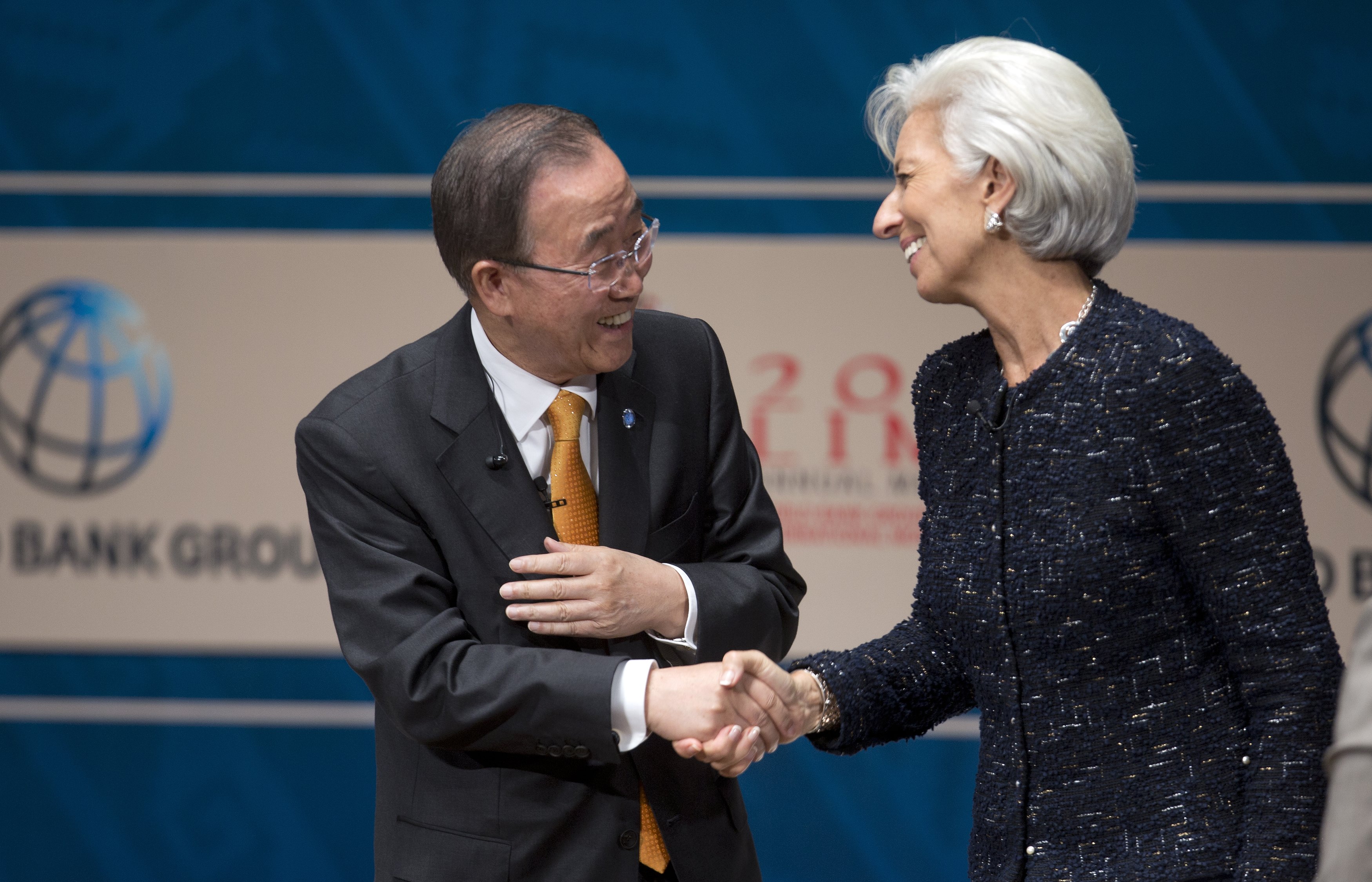 IMF managing director Christine Lagarde shakes hands with UN secretary general Ban Ki-moon in Lima. Photo: AP