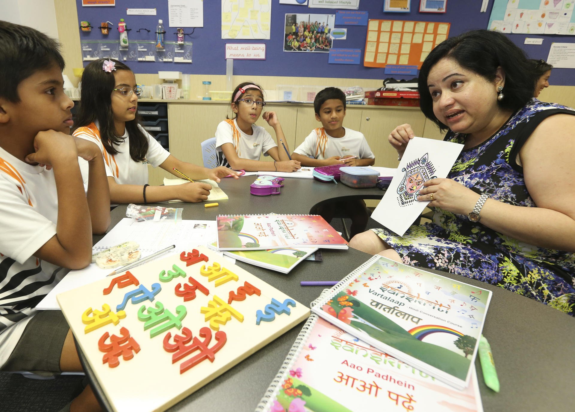 Geetanjali Dhar (right), managing director of Sanskriti, teaches a Hindi class at Glenealy School in Mid-Levels. Photo: David Wong