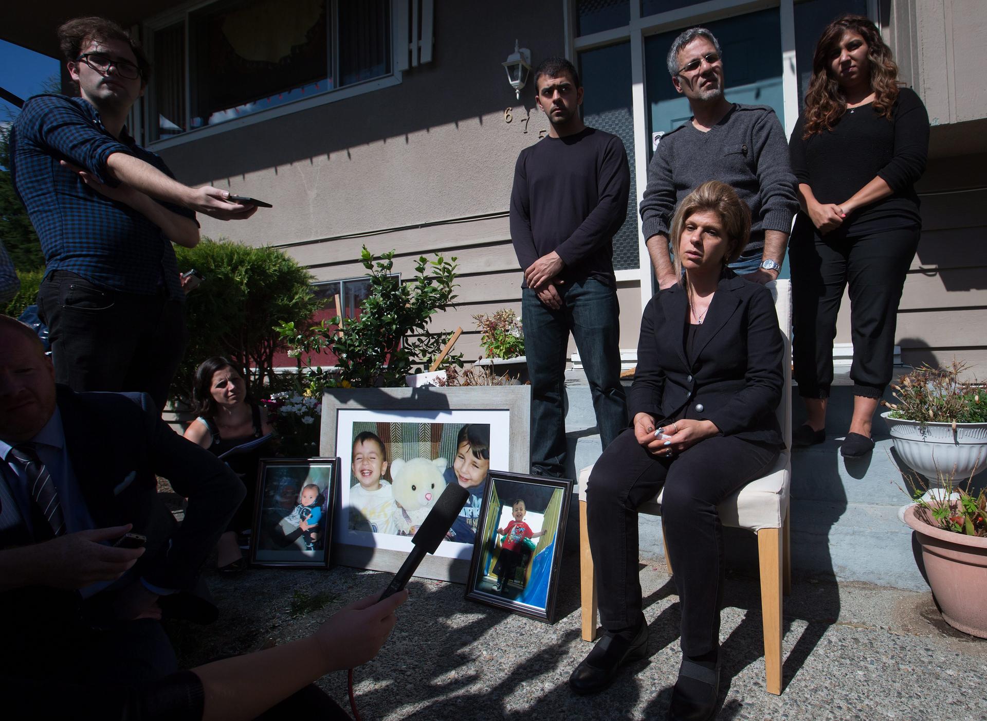Tima Kurdi speaks outside her British Columbia home. Photo: AP