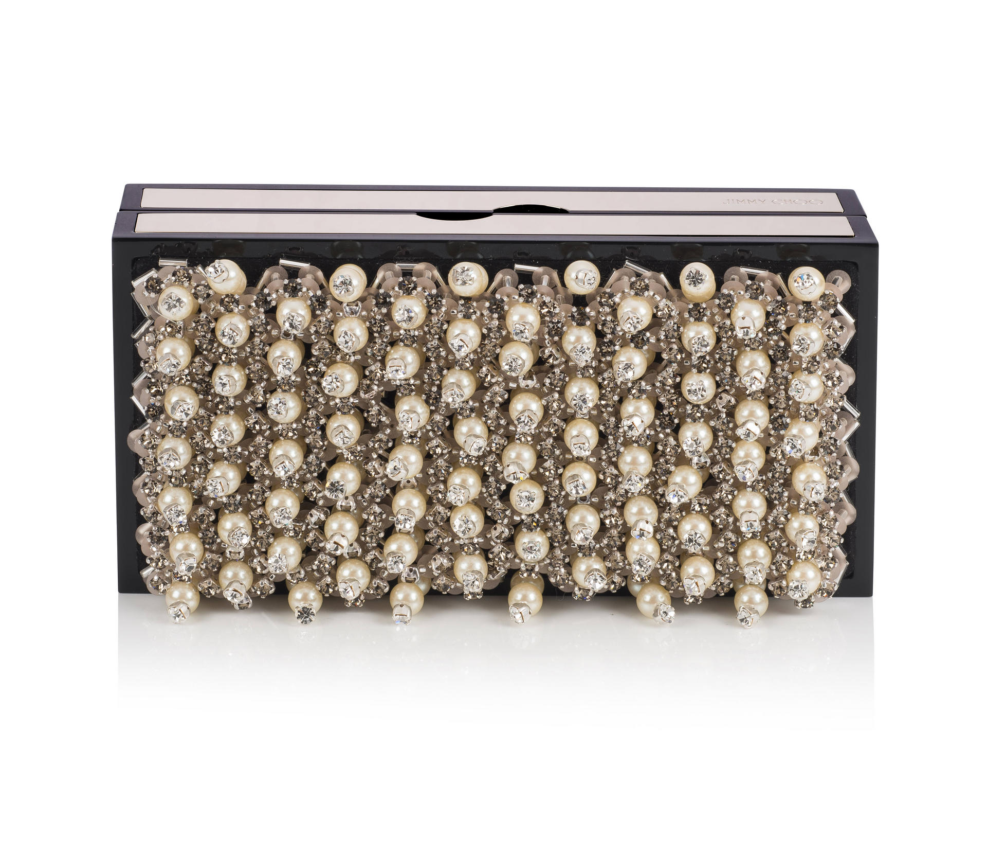 Jimmy ChooRock it with this handy metal box clutch embellished with pearls and crystals, HK$28,900