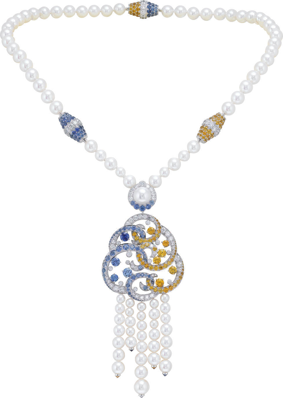 Van Cleef &amp; ArpelsThe Benguerra long necklace in white gold is set with diamonds, blue and yellow sapphires, spessartite garnets and white cultured pearls. The piece can be modified to become a choker. Price on request