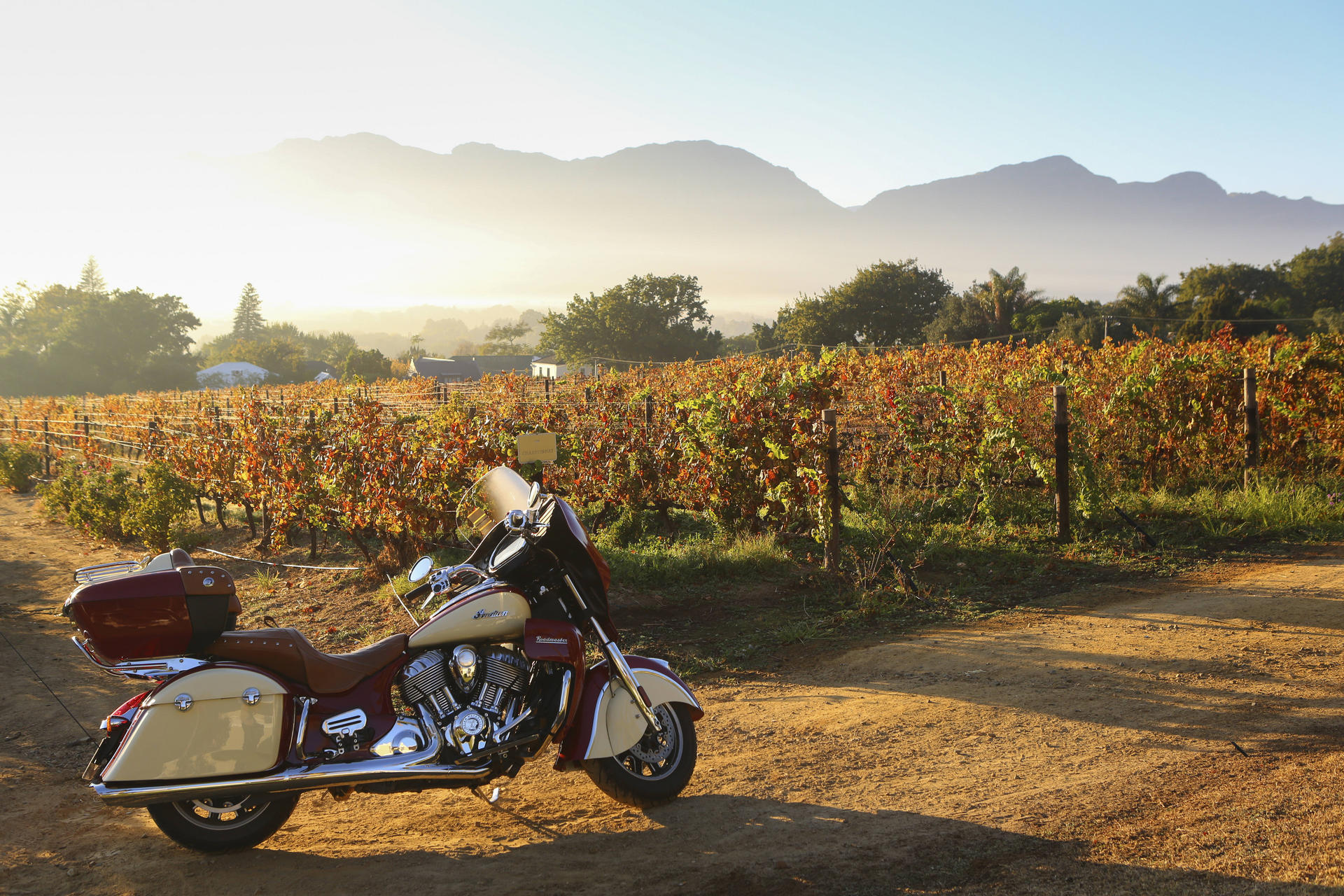 Writer Christopher Baker's Indian Roadmaster at Grande Roche Hotel, Paarl, in South Africa.
