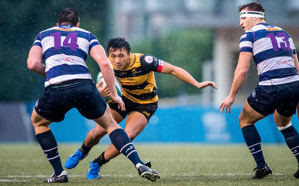 Erik Kwok Pak-nga (centre) is one of only a few Hong Kong Warriors senior squad members with experience in the HKRU Premiership where he plays on the wing for USRC Tigers. Photos: HKRU