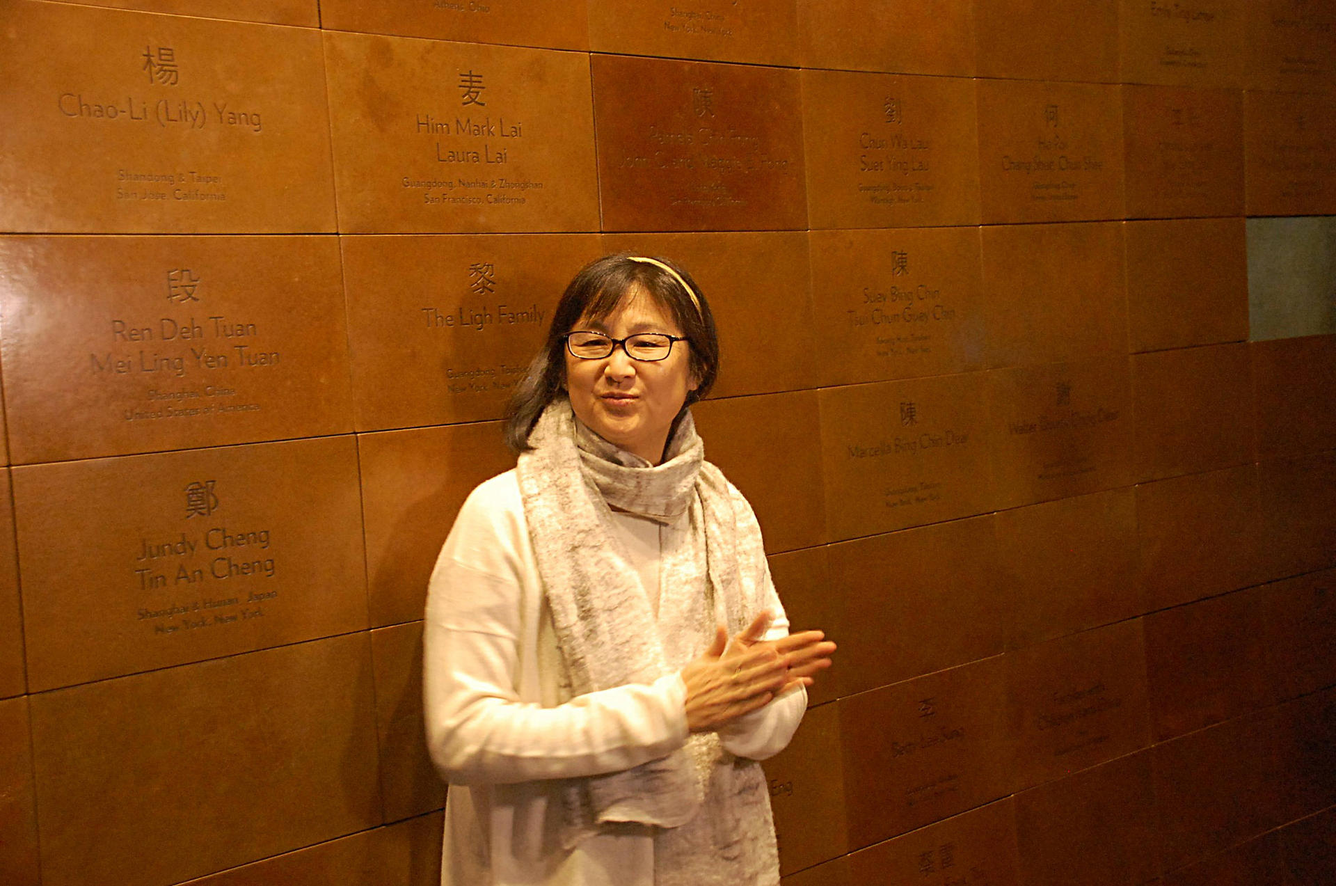 Artist and architect Maya Lin in front of MOCA's Journey Wall.