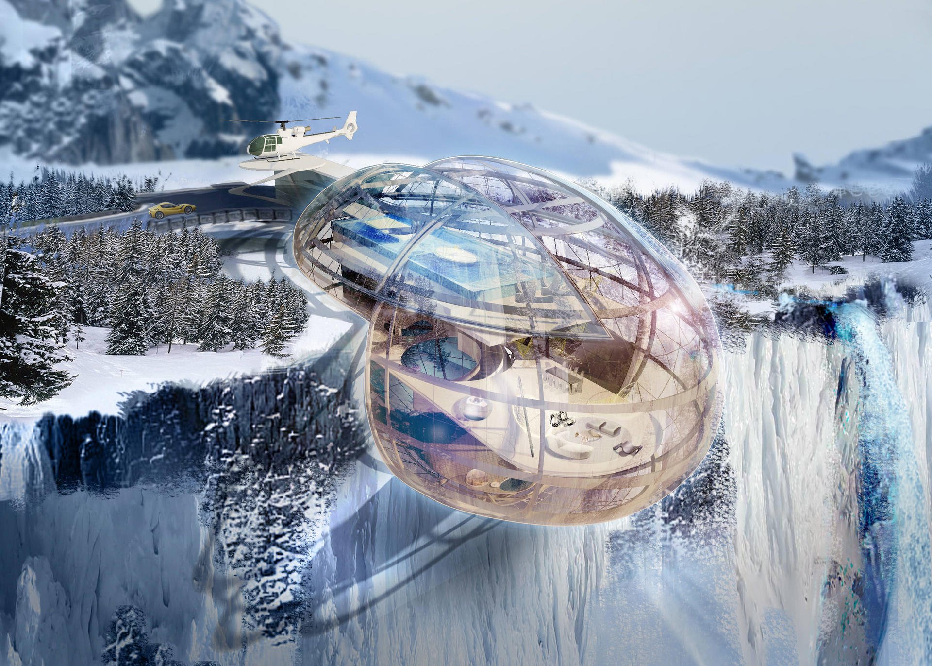 The home spa complex in the Alps features spa facilities on the lower floor and an infinity pool and glass dome on the top floor, with a relaxation lounge in between. Illustration: LTW