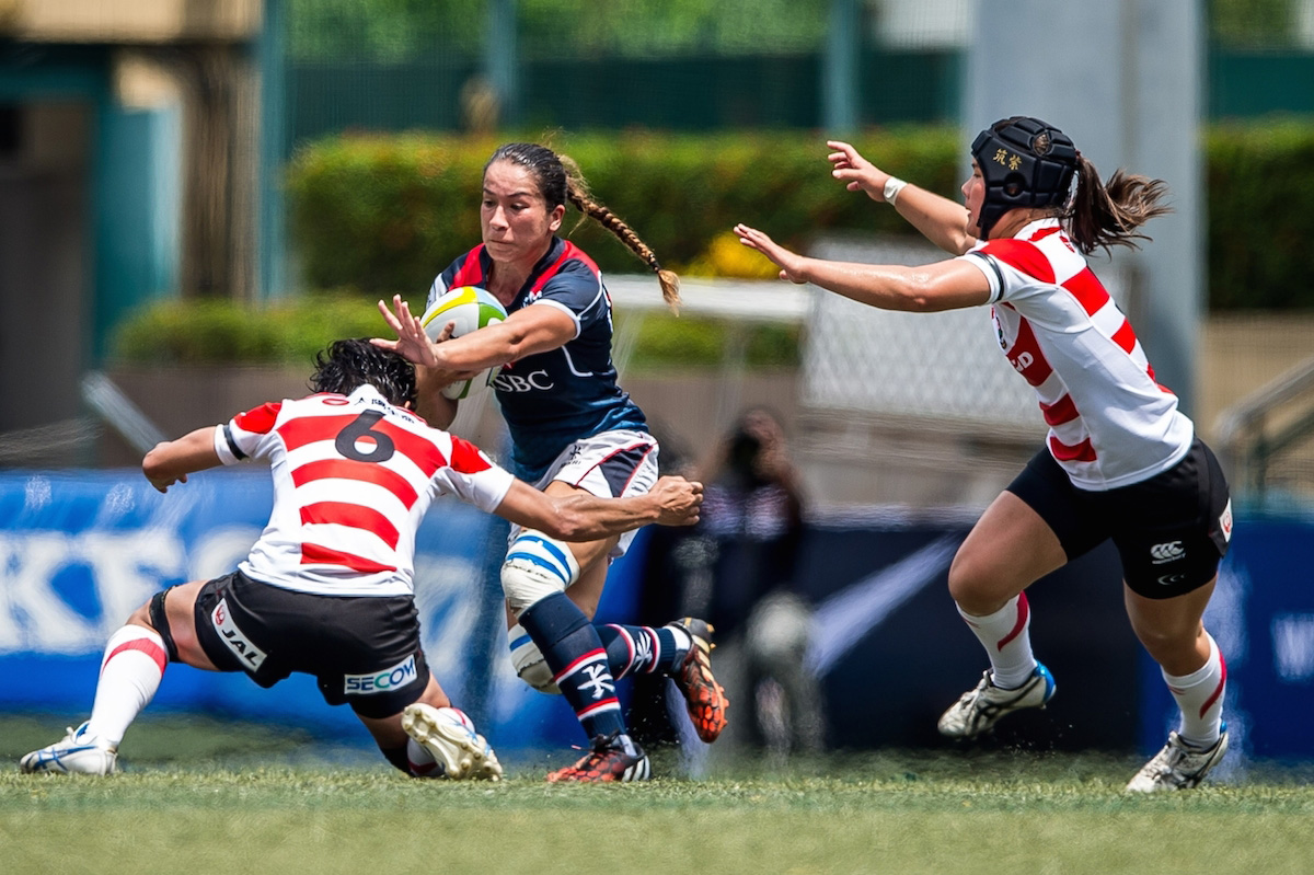 Hong Kong's Rose Fong Siu-lan charges the Japan defence but the hosts were no match for the visiting Sakura 15 who ran out 39-3 winners in their Women's Asia Rugby Championship opener on Saturday. Photos: Asia Rugby