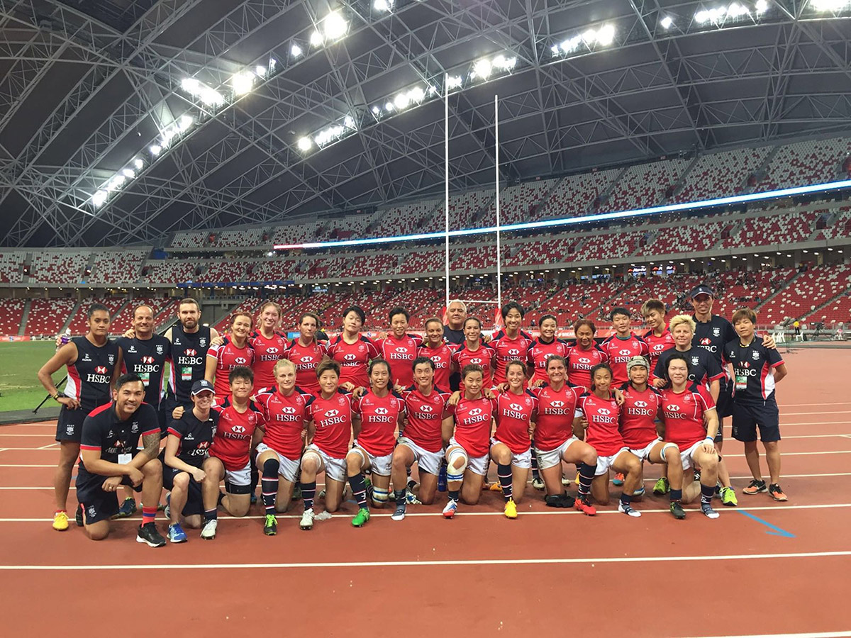 Hong Kong’s victorious women’s 15s squad get together to celebrate their 40-7 away win over Singapore at the Lion City’s new National Stadium on Saturday. Photo: HKRU