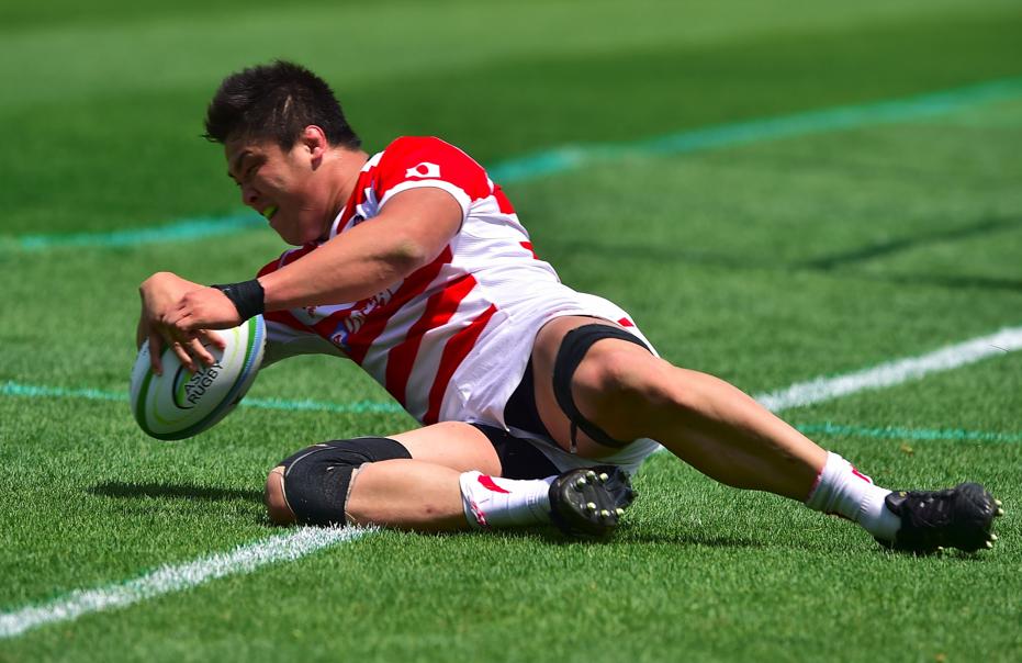 Naohiro Kotaki crosses over to score one of Japan’s nine tries (not including a second-half penalty try) in their 60-3 win over South Korea in the Asia Rugby Championship on Saturday. Photo: AFP