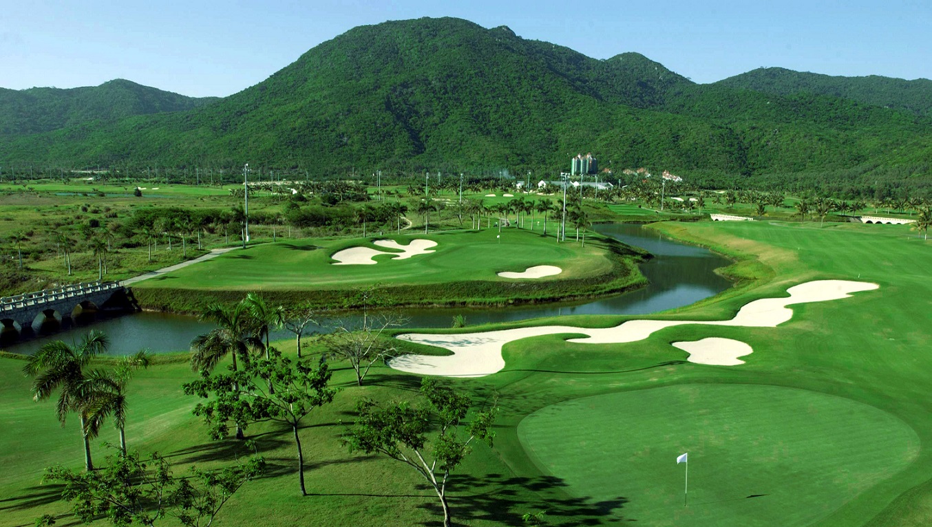 A winding river runs through the golf course At Sanya Yalong Bay Golf Club.