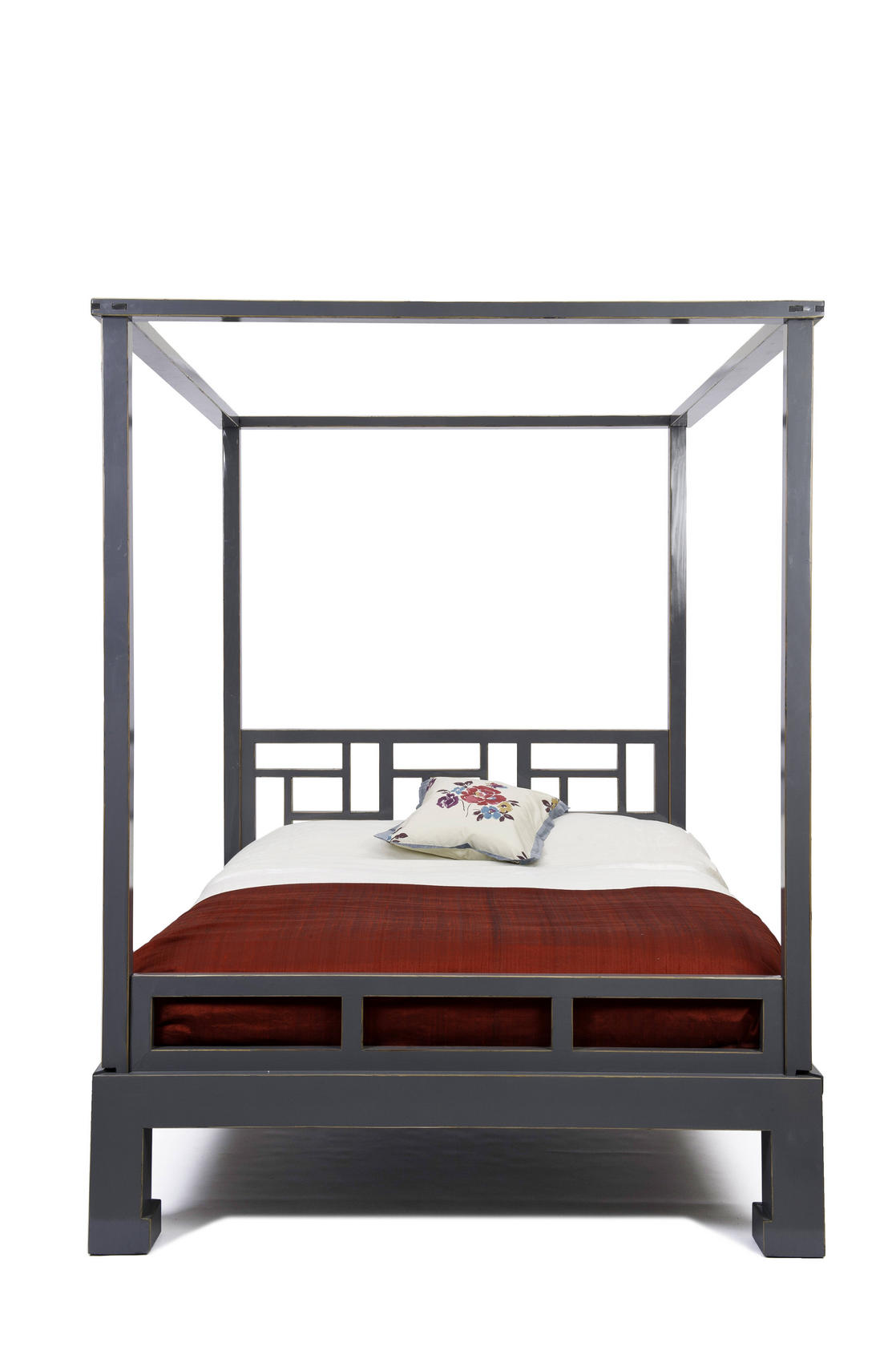 Orchid Furniture This Chinese four-poster elm bed, with a signature fretwork headboard in modern grey lacquer, is perfect for a simple home, HK$24,940