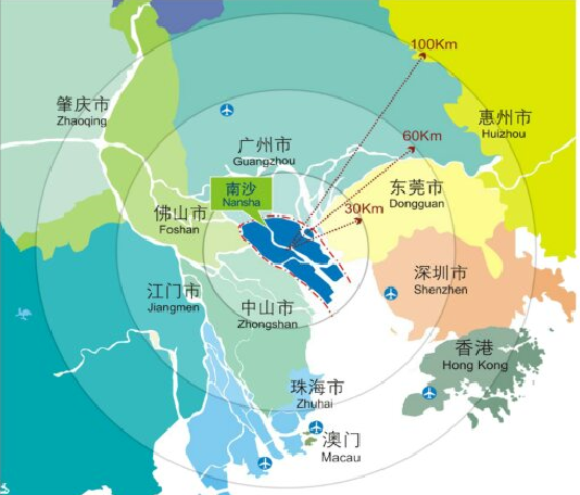 it takes only half an hour to travel from Nansha，where's located at the geographic center of the Greater Bay Area, - to other major urban cities in the area, including Hong Kong, Shenzhen, Dongguan and Macao.