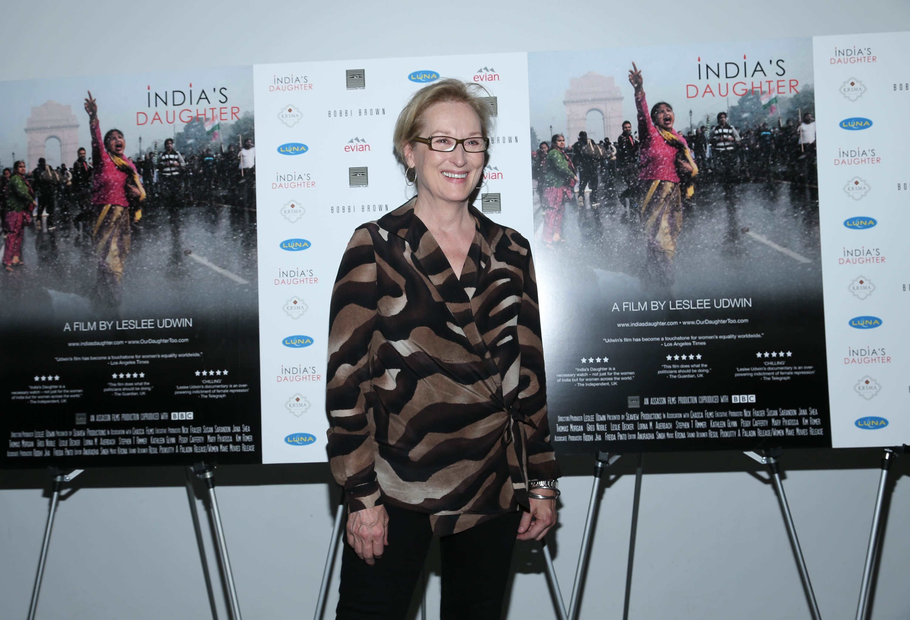 NEW YORK, NY - OCTOBER 14: Meryl Streep attends the New York Premiere of "India's Daughter" at NYIT Auditorium on October 14, 2015 in New York City. Rob Kim/Getty Images/AFP == FOR NEWSPAPERS, INTERNET, TELCOS & TELEVISION USE ONLY ==
