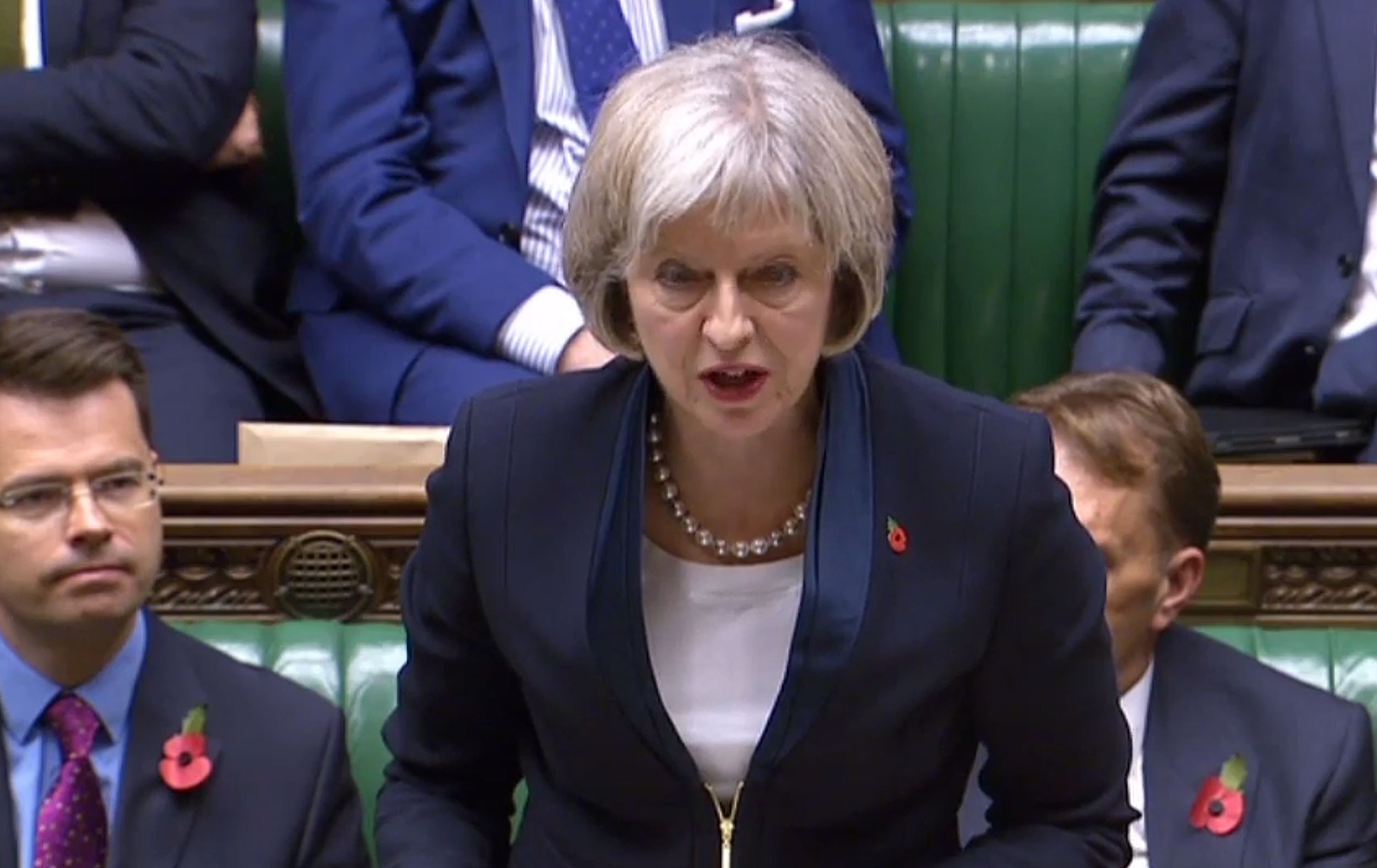 In a video grab taken from footage broadcast by the UK Parliament’s Parliamentary Recording Unit (PRU) British Home Secretary Theresa May making a statement to members of parliament in the House of Commons in central London on November 4, 2015 about the draft Investigatory Powers Bill -- the British government's bid to give increased powers of digital surveillance to British police and security services. RESTRICTED TO EDITORIAL USE - MANDATORY CREDIT " AFP PHOTO / PRU " - NO MARKETING NO ADVERTISING CAMPAIGNS - NO RESALE - NO DISTRIBUTION TO THIRD PARTIES - 24 HOURS USE - NO ARCHIVES