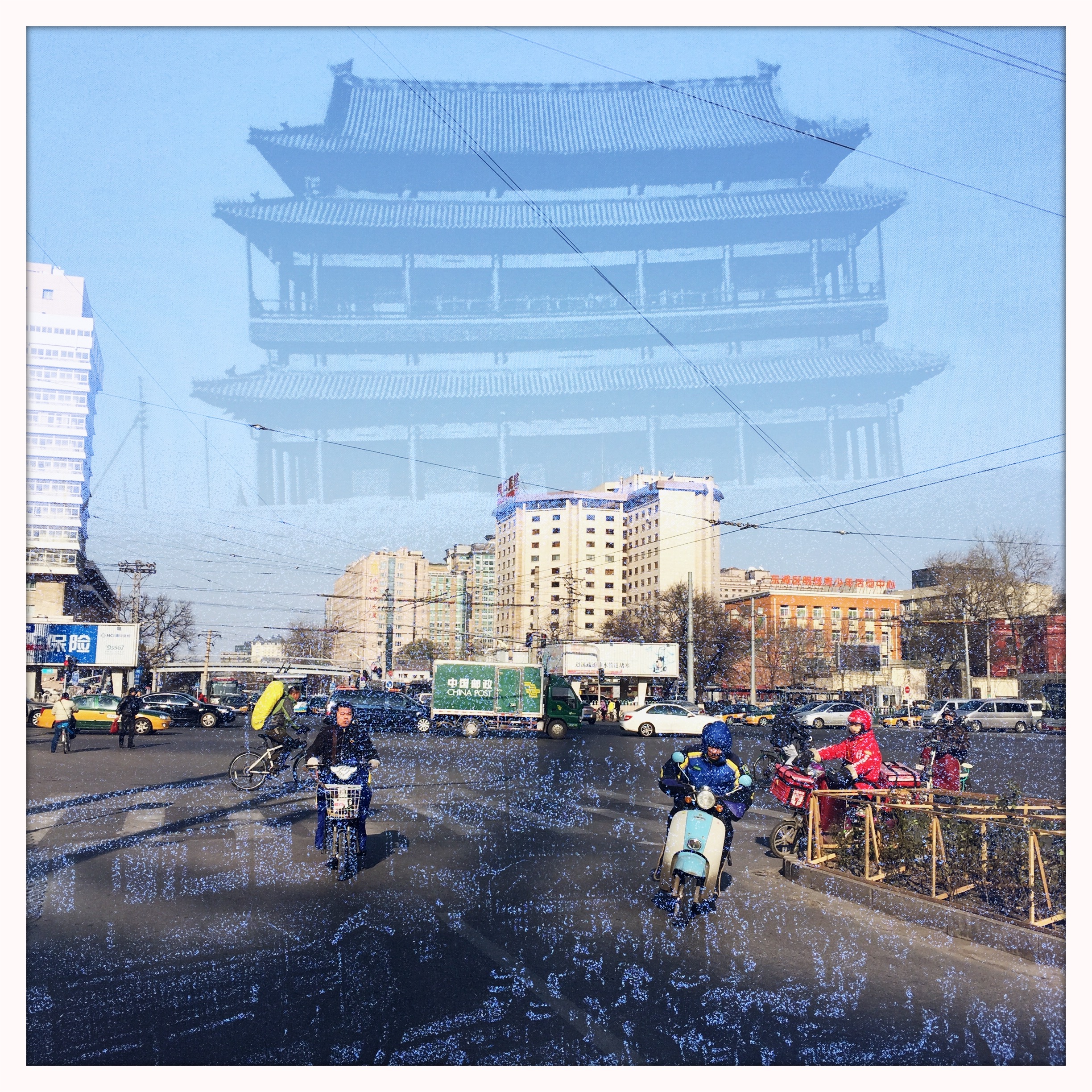 A double-exposure photo taken with an app on iPhone shows the demolished Chongwenmen Gate Tower and Chongwenmen area, where the gate tower used to be located, in nowadays. Chongwenmen gate tower was demolished in 1968. Beijing's old city gates are not only the exits and entrances of cities, but also the defense installations. City gates were a system of a series of defense buildings, including the gate tower, enclosure, embrasured watchtower, and lock tower. Due to the wars after the fall the Qing dynasty, as well as the city development, the city gates were not well maintained and many of the enclosures and embrasured watchtowers were destroyed because of the road and railway construction, or other urban development projects. In 1950s and 1960s, most gate towers were demolished when Beijing constructed its No. 2 loop line subway. The layout of Beijing in Ming and Qing dynasties was consisted of three parts: Imperial City, Inner City and Outer City. Imperial City is the core which is e