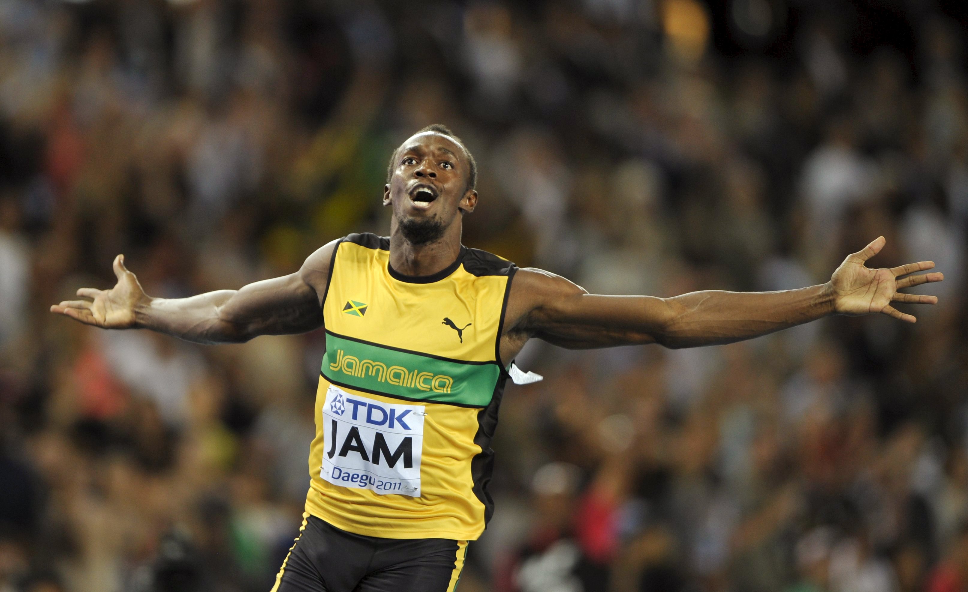 Usain Bolt of Jamaica celebrates winning the men's 4x100 metres relay final at the IAAF World Championships in Daegu in this file picture taken September 4, 2011. Six-times Olympic champion Bolt said he felt shocked and let down by the scandal-hit IAAF, but the Jamaican sprinter was against resetting athletics world records as the sport attempts to move on from the doping crisis. REUTERS/Dylan Martinez/Files