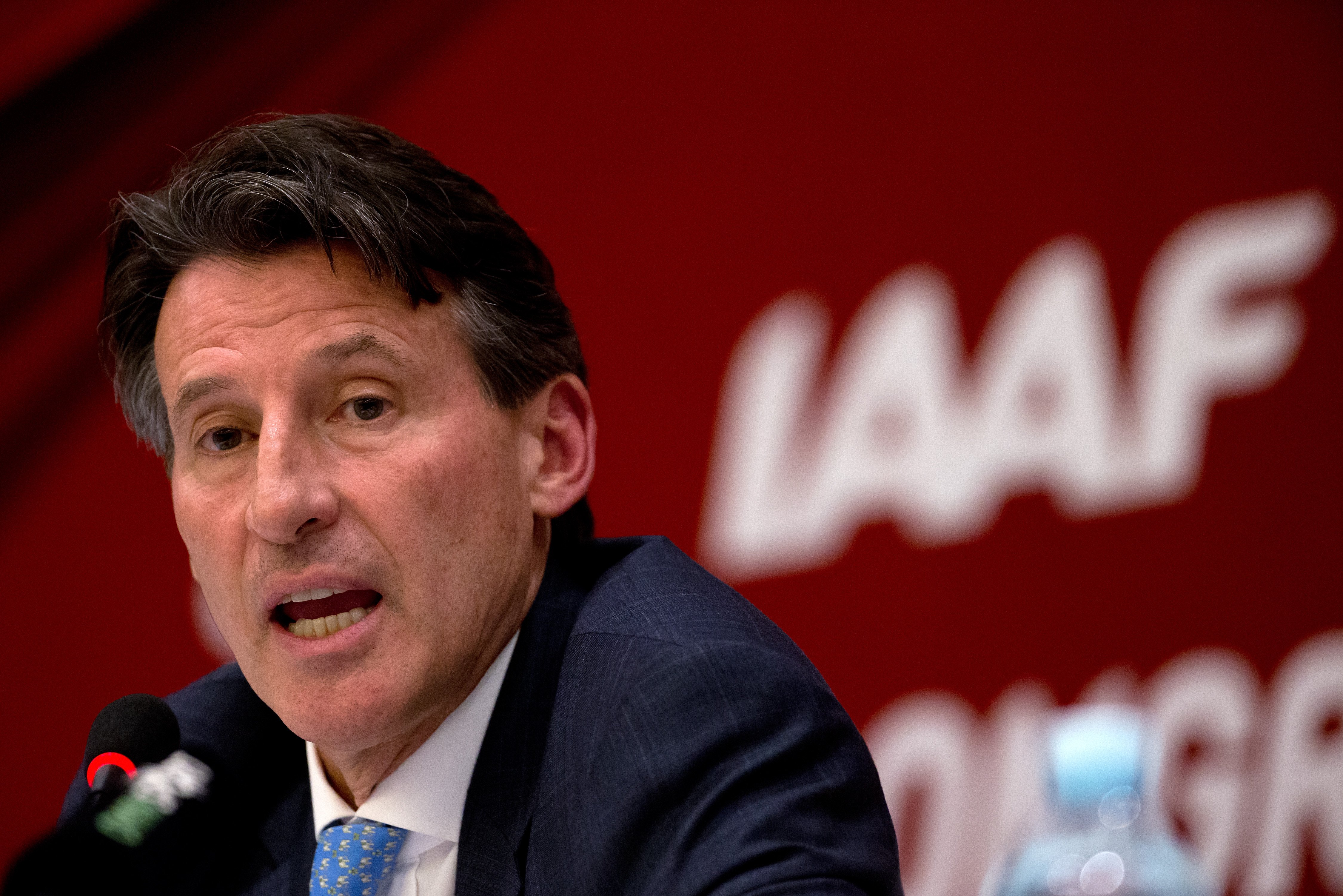 FILE - In this Wednesday, Aug. 19, 2015 file photo, newly elected International Association of Athletics Federations President Sebastian Coe speaks during a press briefing at the IAAF Congress at the National Convention Center in Beijing. The British government ordered ambassadors around the world to lobby athletics leaders to vote for Sebastian Coe in the IAAF presidential election, aiming to ensure “British interests are protected,” diplomatic messages obtained by The Associated Press reveal. (AP Photo/Andy Wong, File)