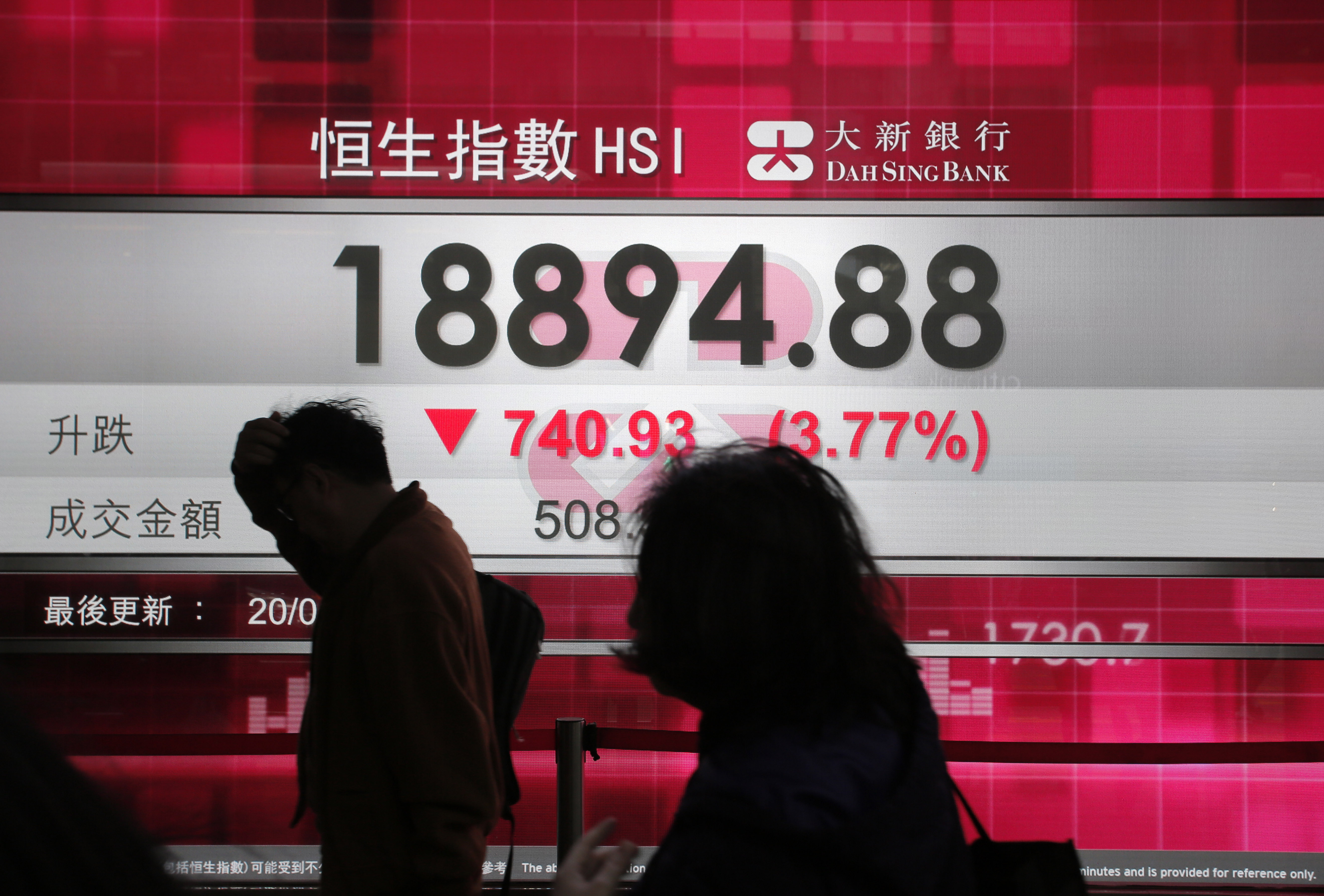 People walk past a bank's electronic board showing the Hong Kong share index at Hong Kong Stock Exchange Wednesday, Jan. 20, 2016. Global stocks sagged Wednesday after the IMF's lower growth forecast added to anxiety over a weaker Chinese economy. (AP Photo/Vincent Yu)