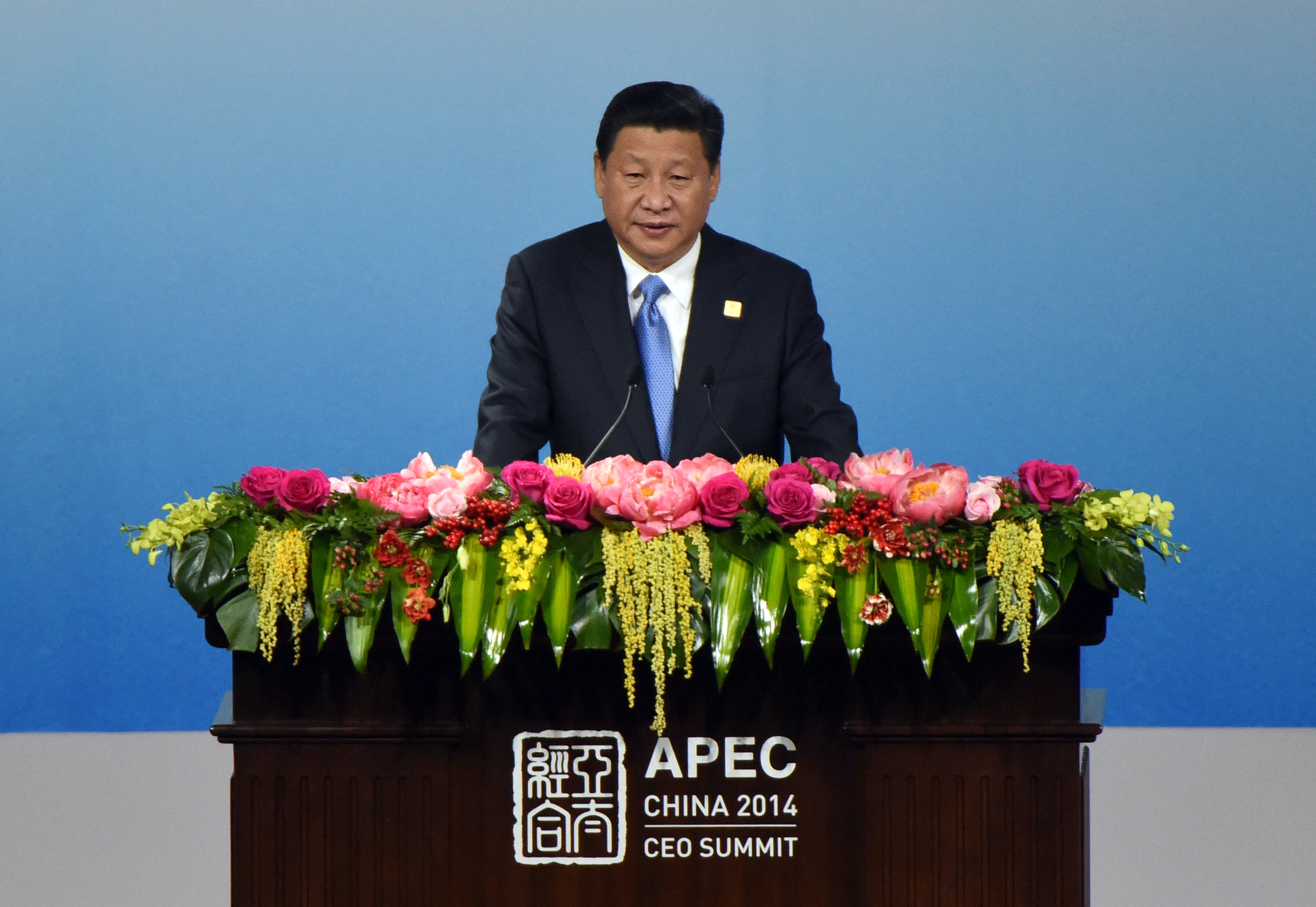 China's President Xi Jinping delivers an opening speech of the APEC CEO Summit as part of the Asia-Pacific Economic Cooperation (APEC) Summit at the China National Convention Center in Beijing, Sunday, Nov. 9, 2014. (AP Photo/Wang Zhao, Pool)