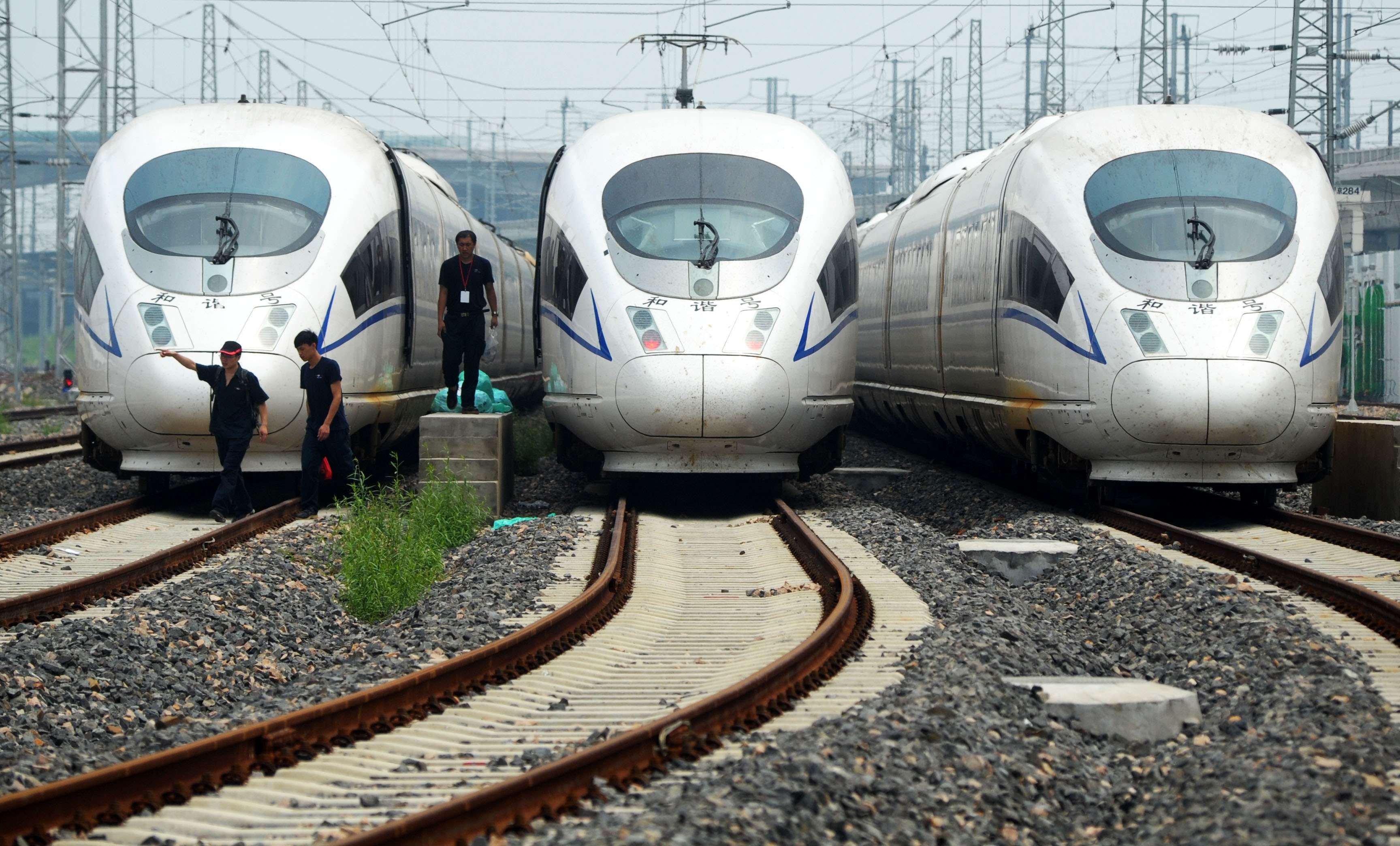 High-speed trains made by state-owned CNR at a maintenance centre in Shanghai. Photo: Xinhua